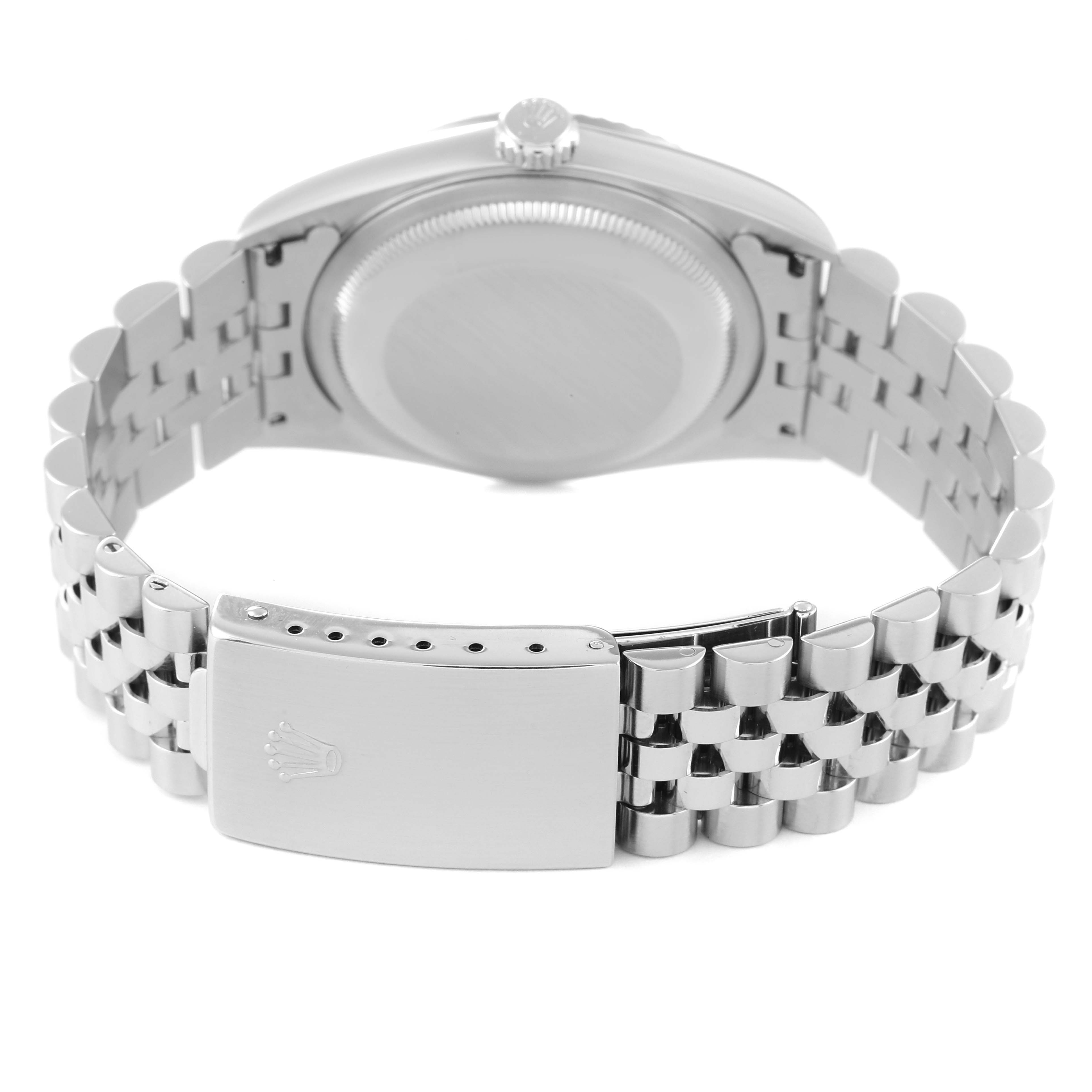 This image shows the case back and bracelet clasp of a Rolex Datejust 16234 Men's Stainless Steel Blue Dial 16234 Men's Stainless Steel Blue Dial watch.