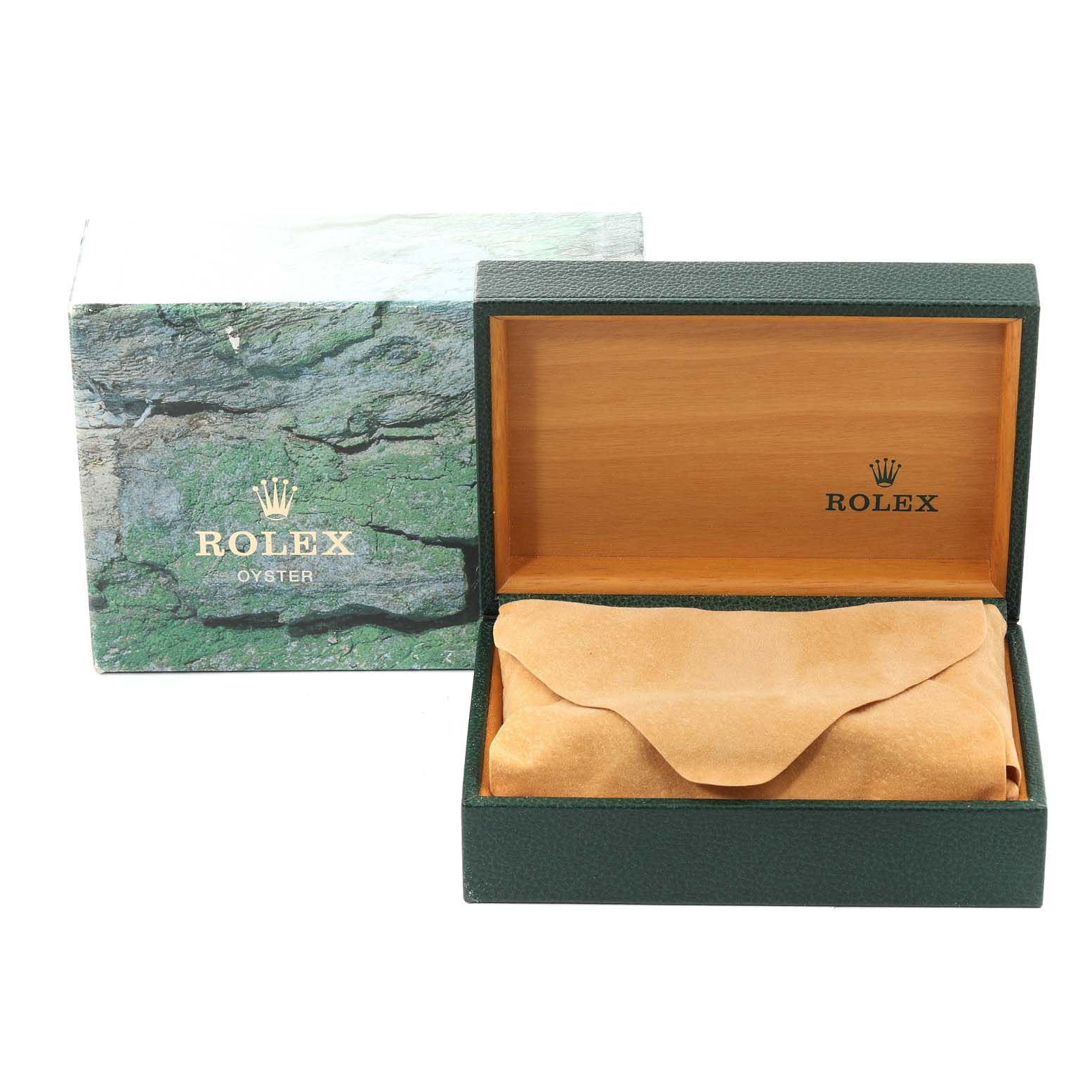 The image shows a Rolex Datejust 16234 Men's Stainless Steel Blue Dial 16234 Men's Stainless Steel Blue Dial watch box and the open box containing a tan pouch.