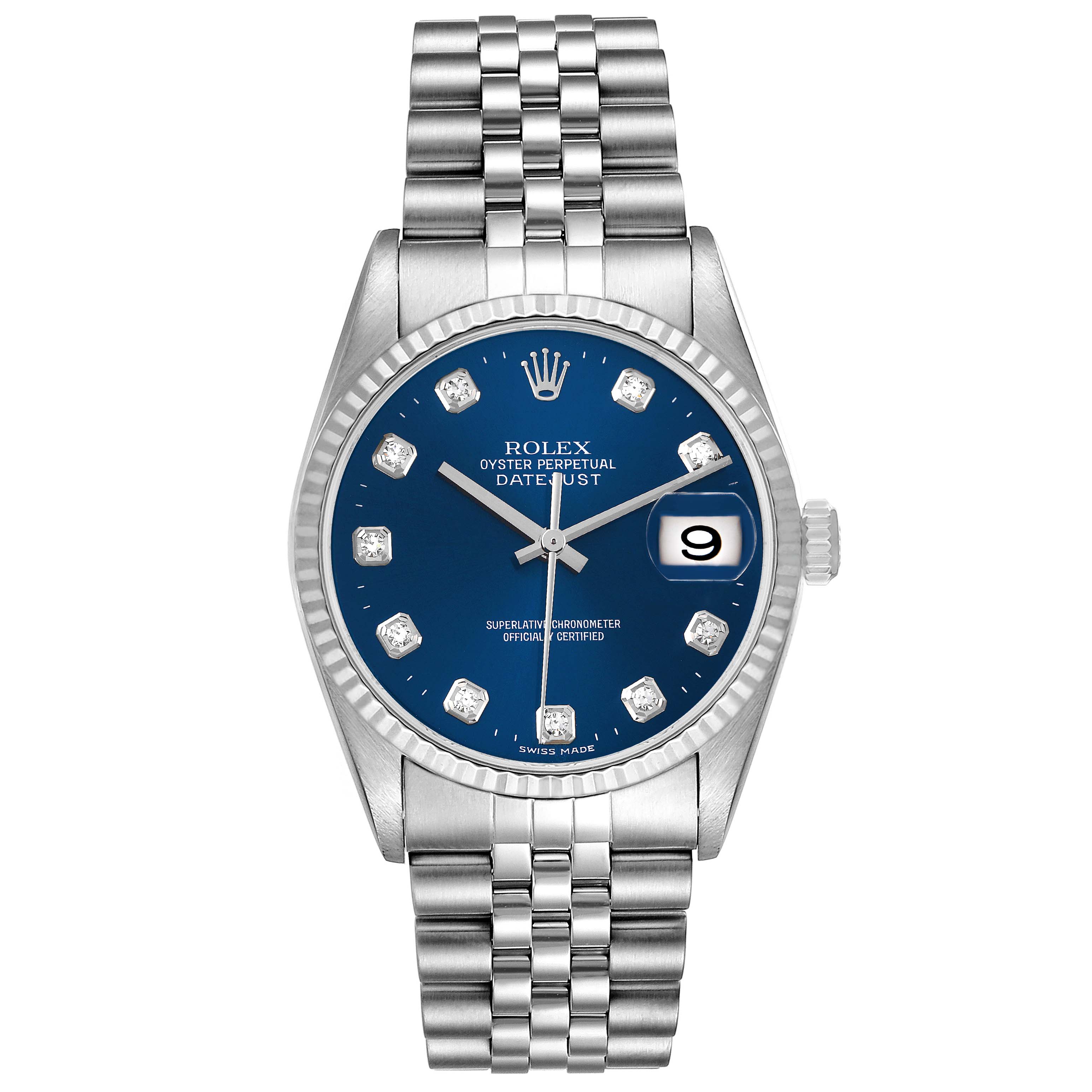 The Rolex Datejust 16234 Men's Stainless Steel Blue Dial 16234 Men's Stainless Steel Blue Dial model watch is shown from the front, displaying its face, bezel, bracelet, and date window.