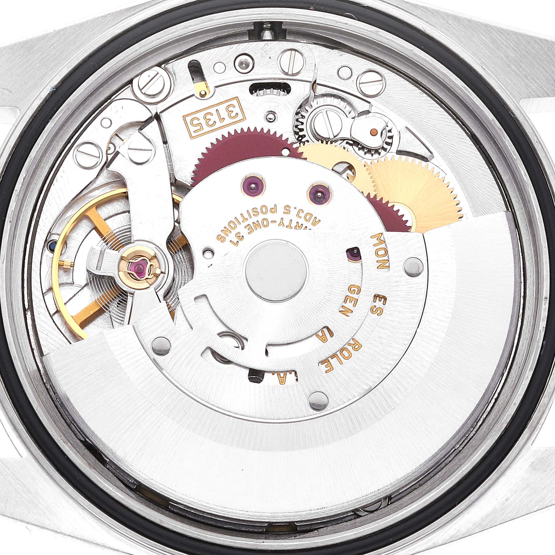 The image shows the movement mechanism of a Rolex Datejust 16234 Men's Stainless Steel Blue Dial 16234 Men's Stainless Steel Blue Dial watch viewed from the back.