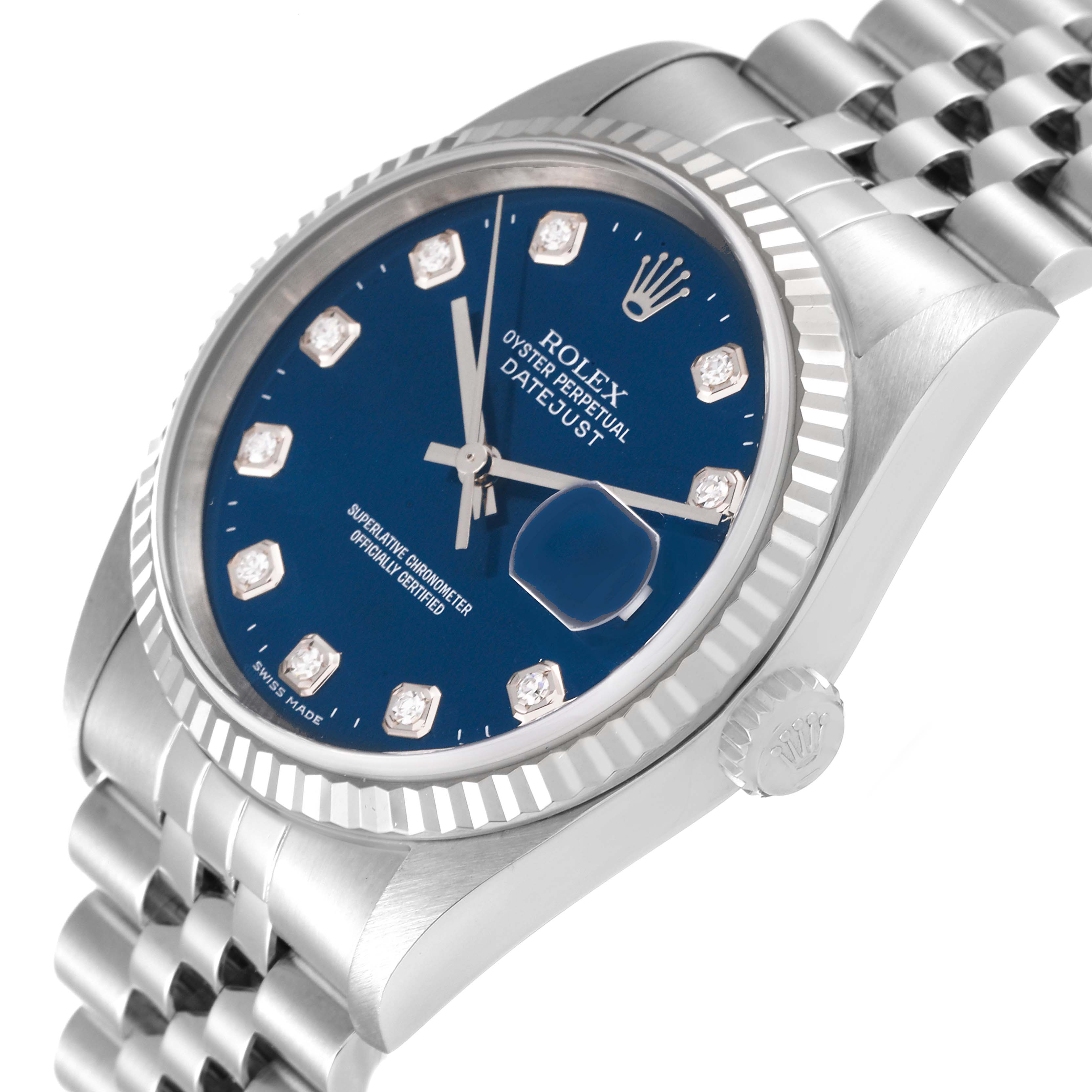 The image shows a Rolex Datejust 16234 Men's Stainless Steel Blue Dial 16234 Men's Stainless Steel Blue Dial watch at an angled close-up, displaying the blue dial, fluted bezel, and part of the bracelet.