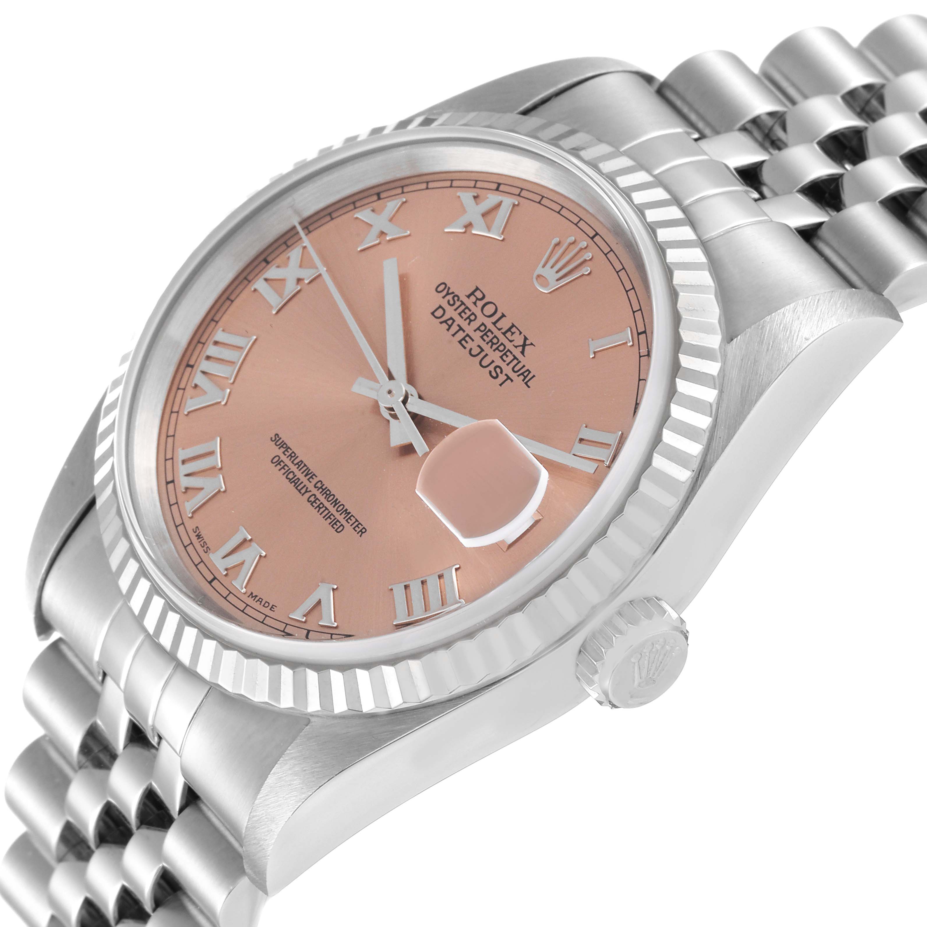This image shows a Rolex Datejust 16234 Men
s Stainless Steel Pink Dial 16234 Men
s Stainless Steel Pink Dial watch at a slight angle, highlighting its face, case, fluted bezel, and part of the Jubilee bracelet.