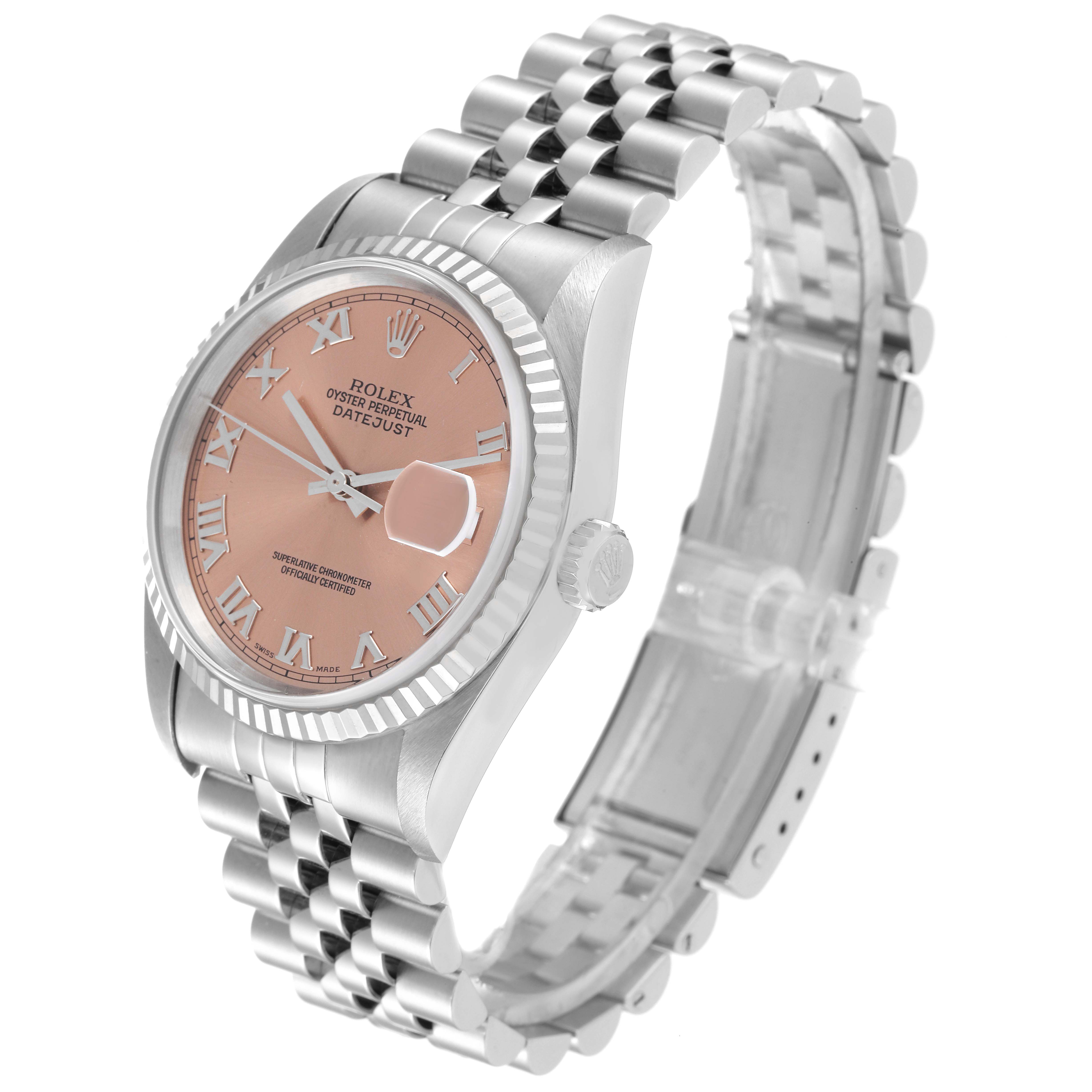The image shows a Rolex Datejust 16234 Men
s Stainless Steel Pink Dial 16234 Men
s Stainless Steel Pink Dial watch at a three-quarter angle, highlighting its face, case, and Jubilee bracelet.