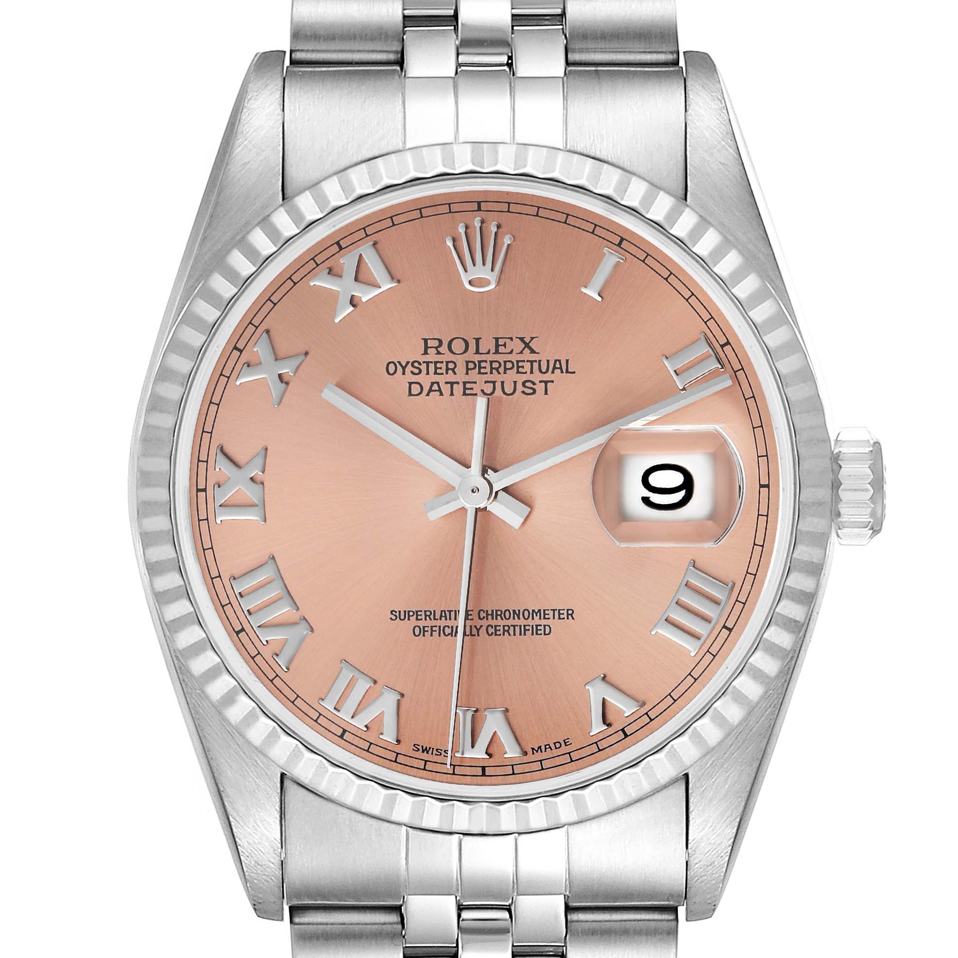 This image shows a front view of a Rolex Datejust 16234 Men
s Stainless Steel Pink Dial 16234 Men
s Stainless Steel Pink Dial watch, highlighting the dial, bezel, and bracelet.