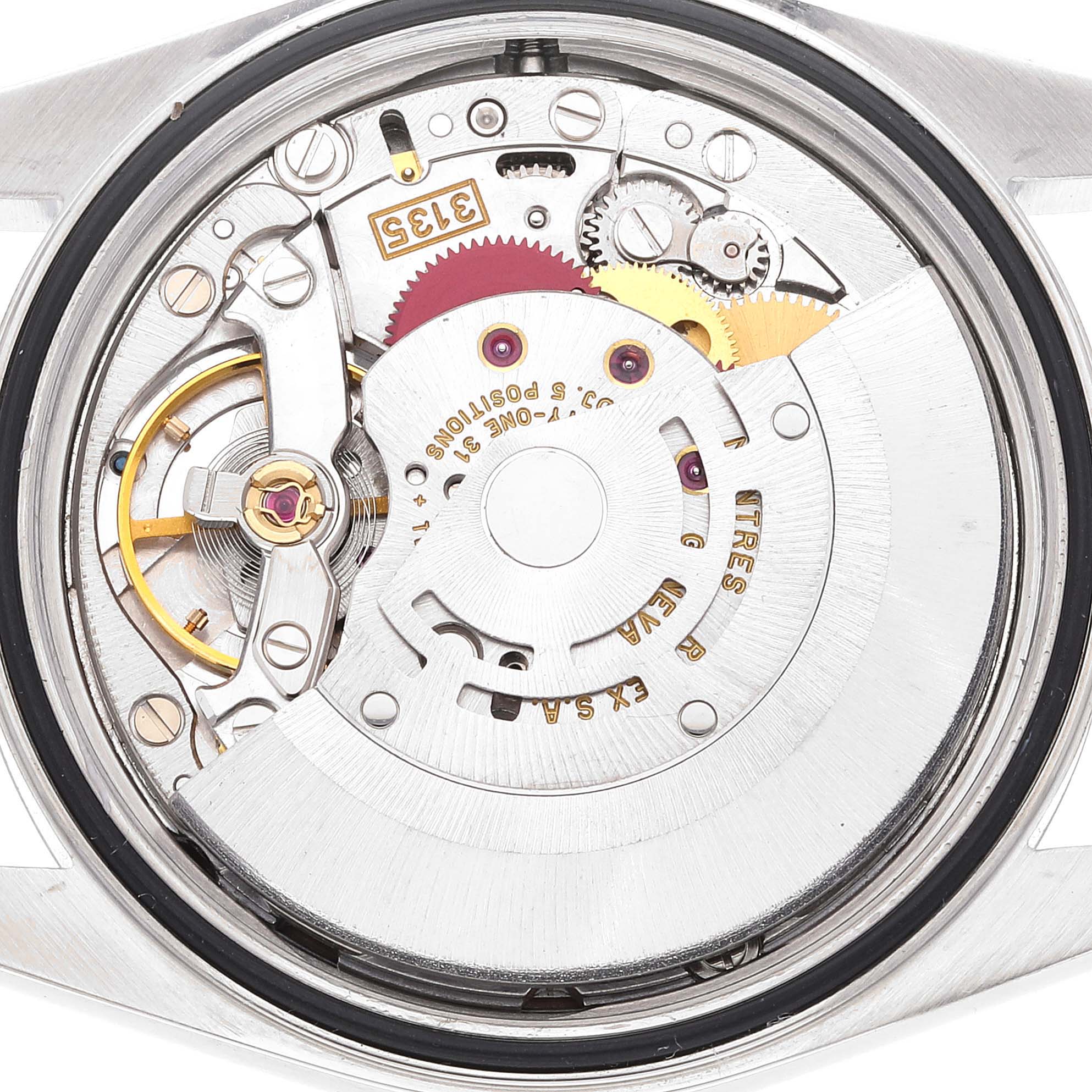 The image shows the internal mechanism of a Rolex Datejust 16234 Men
s Stainless Steel Pink Dial 16234 Men
s Stainless Steel Pink Dial model from a top-down angle.
