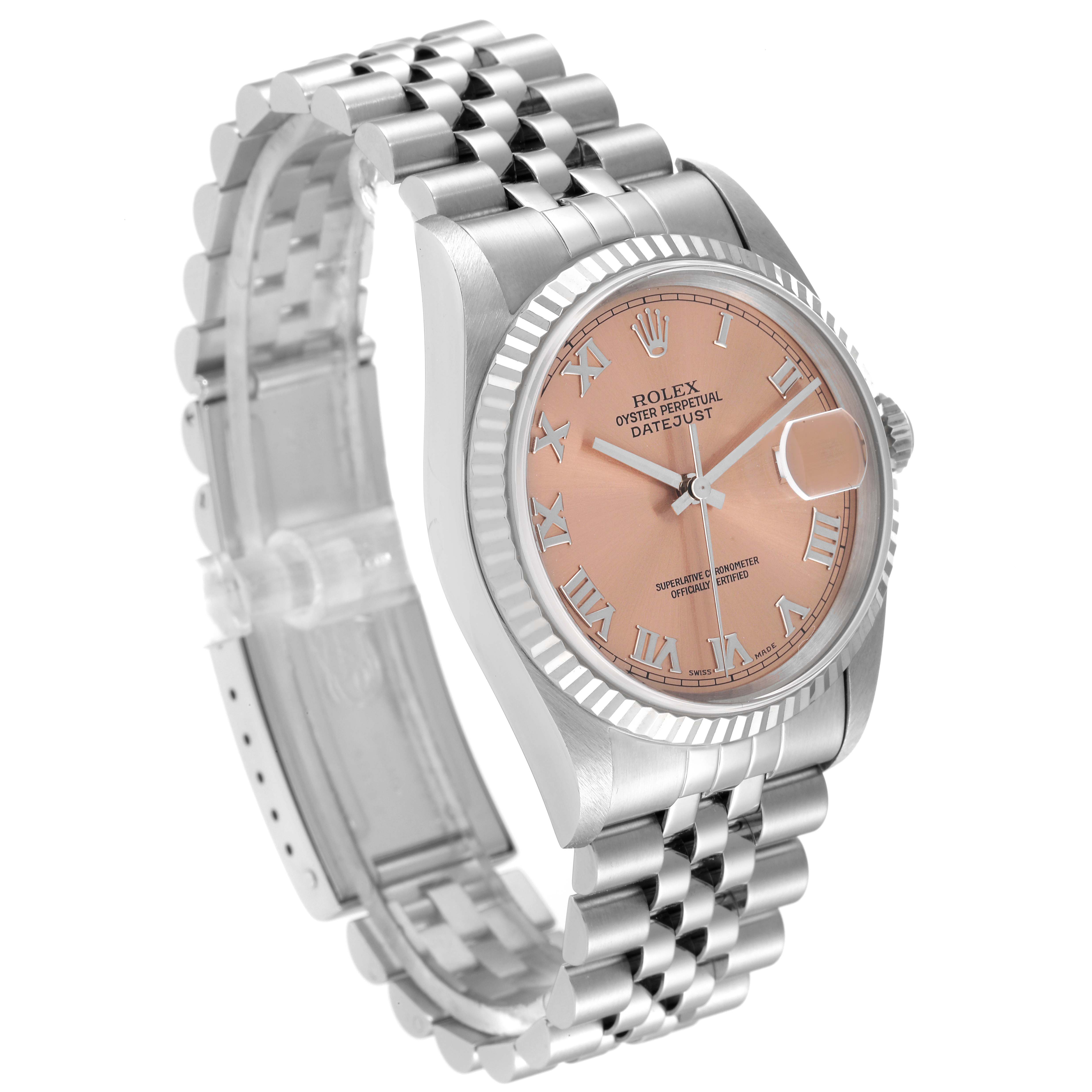 The image shows a Rolex Datejust 16234 Men
s Stainless Steel Pink Dial 16234 Men
s Stainless Steel Pink Dial watch from an angled front view, highlighting the dial, bezel, and bracelet.