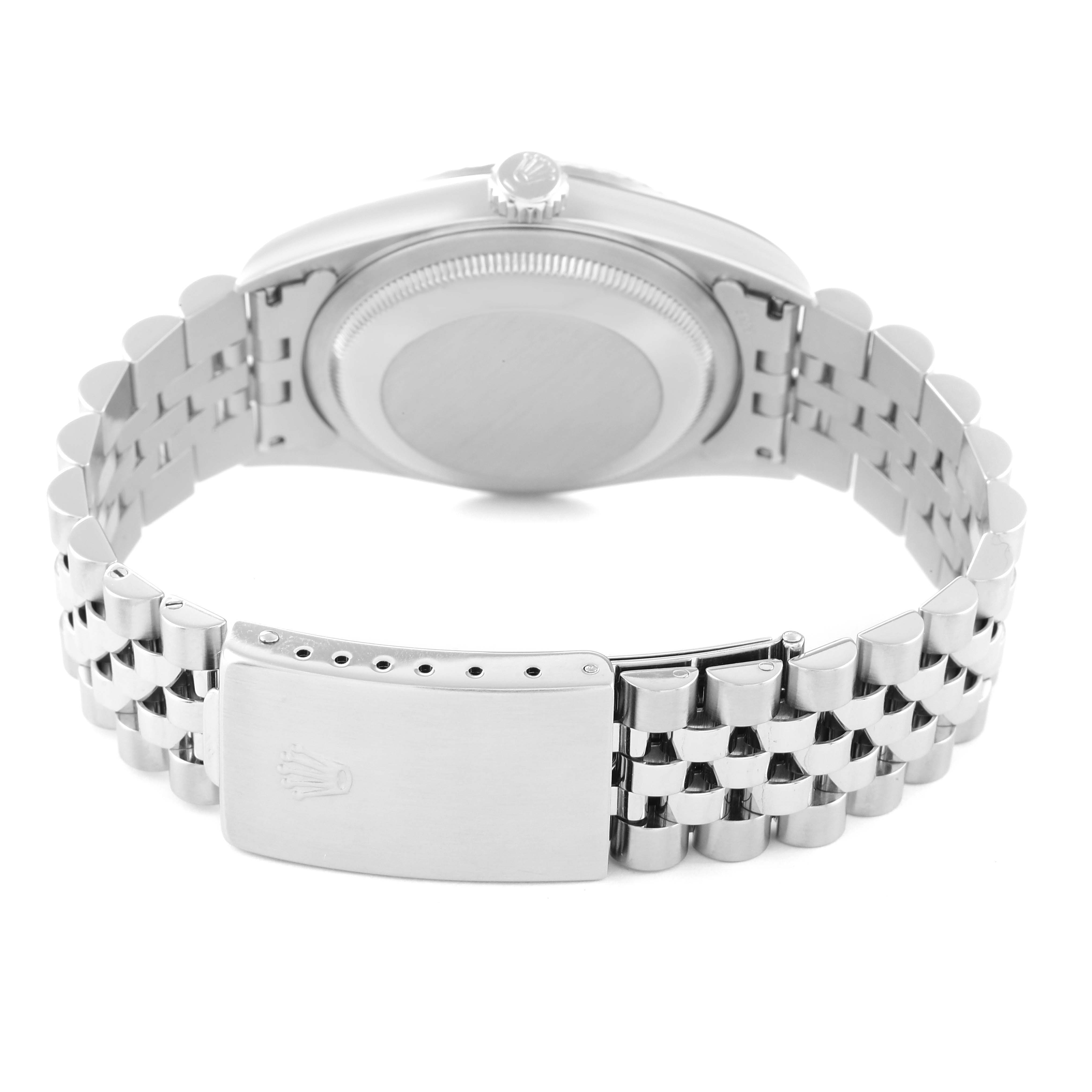 The image shows the back view of a Rolex Datejust 16234 Men
s Stainless Steel Pink Dial 16234 Men
s Stainless Steel Pink Dial watch, highlighting the case back, crown, and Jubilee bracelet with clasp.