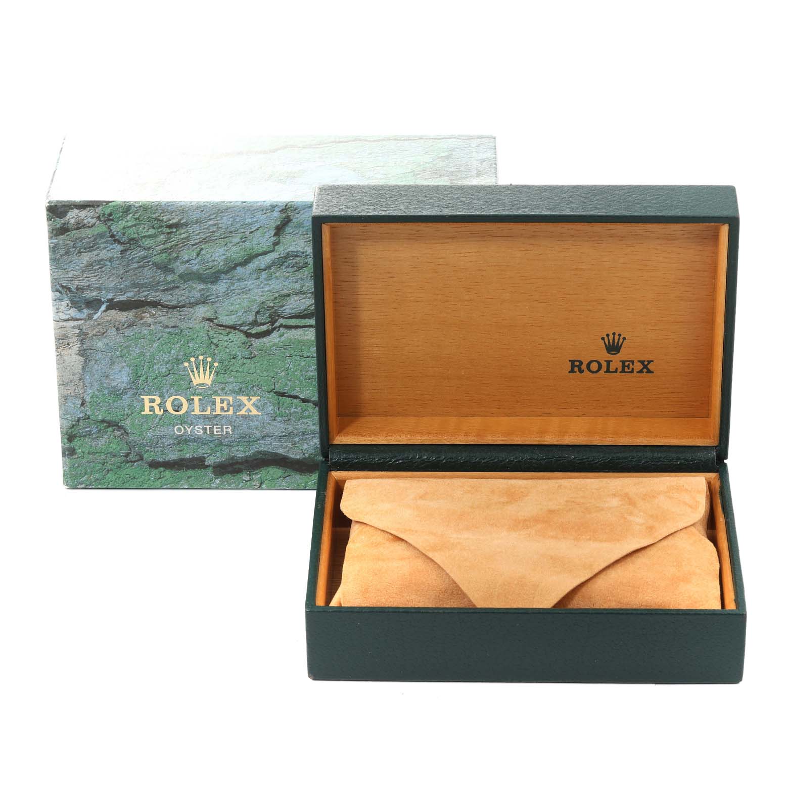 The image shows a Rolex Datejust 16234 Men
s Stainless Steel Pink Dial 16234 Men
s Stainless Steel Pink Dial watch box and a suede pouch inside.