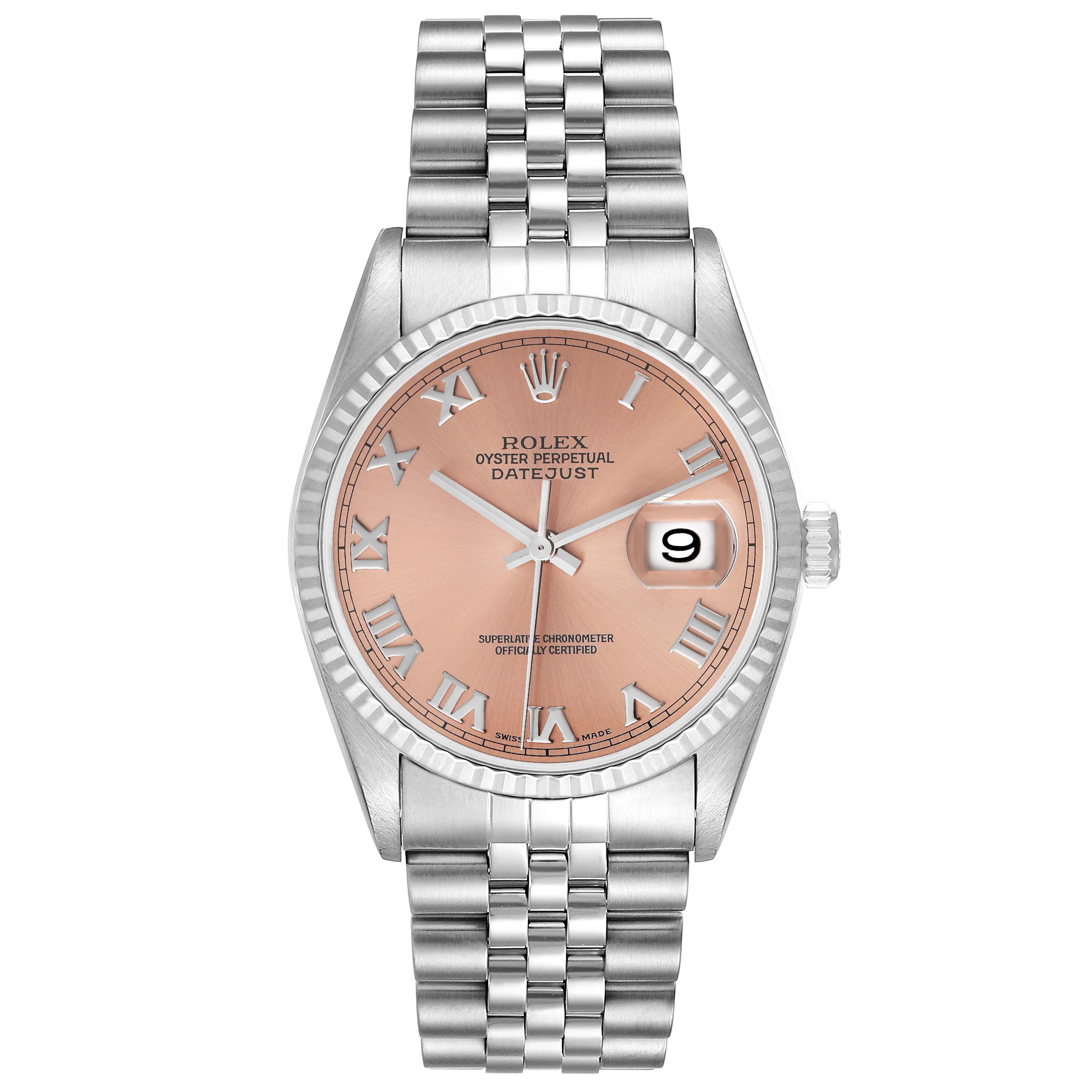 The Rolex Datejust 16234 Men
s Stainless Steel Pink Dial 16234 Men
s Stainless Steel Pink Dial watch is shown from the front, displaying its pink Roman numeral dial, fluted bezel, and Jubilee bracelet.
