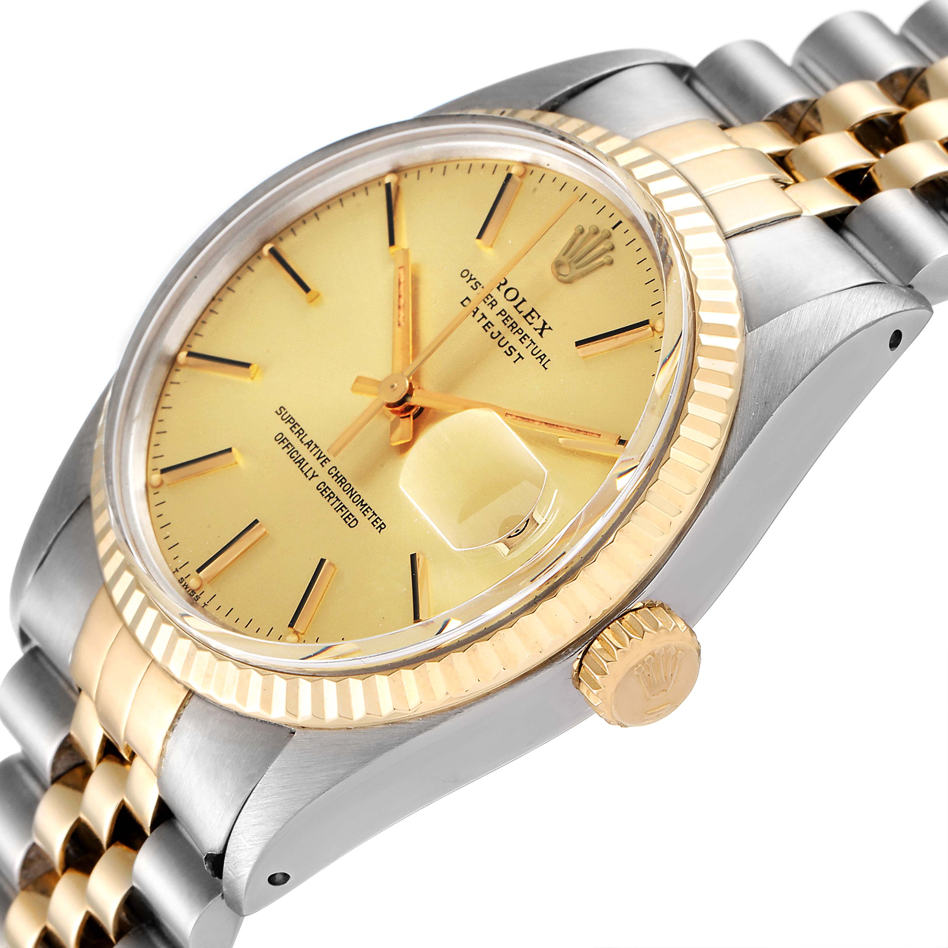 The image shows a side-angle view of the Rolex Vintage Collection 16013 Men's Steel and Gold (two tone) Champagne Dial 16013 Men's Steel and Gold (two tone) Champagne Dial model, highlighting the dial, bezel, and bracelet detail.