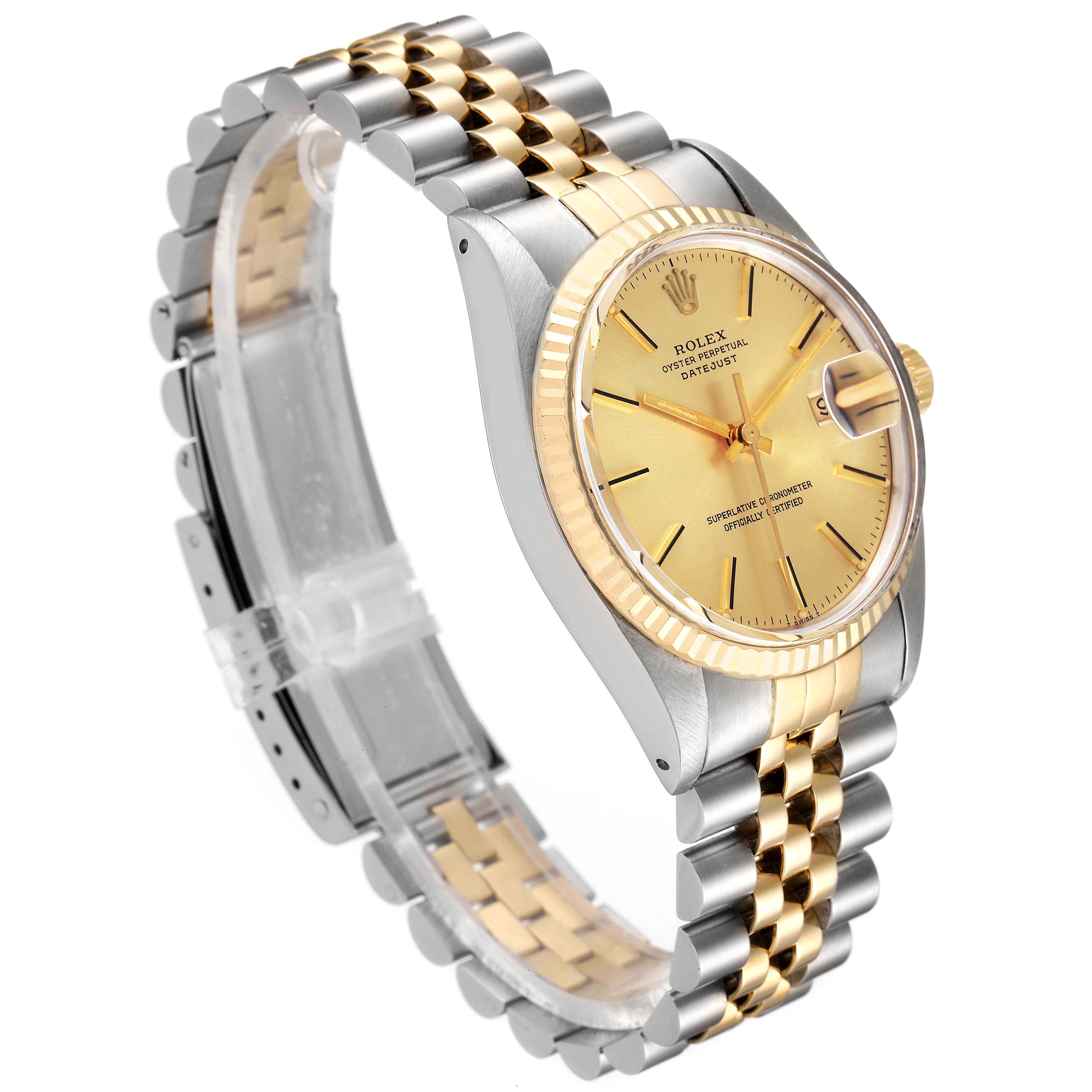 This is a side-angle view of the Rolex Vintage Collection 16013 Men's Steel and Gold (two tone) Champagne Dial 16013 Men's Steel and Gold (two tone) Champagne Dial watch, showing the face, bezel, and two-tone bracelet.