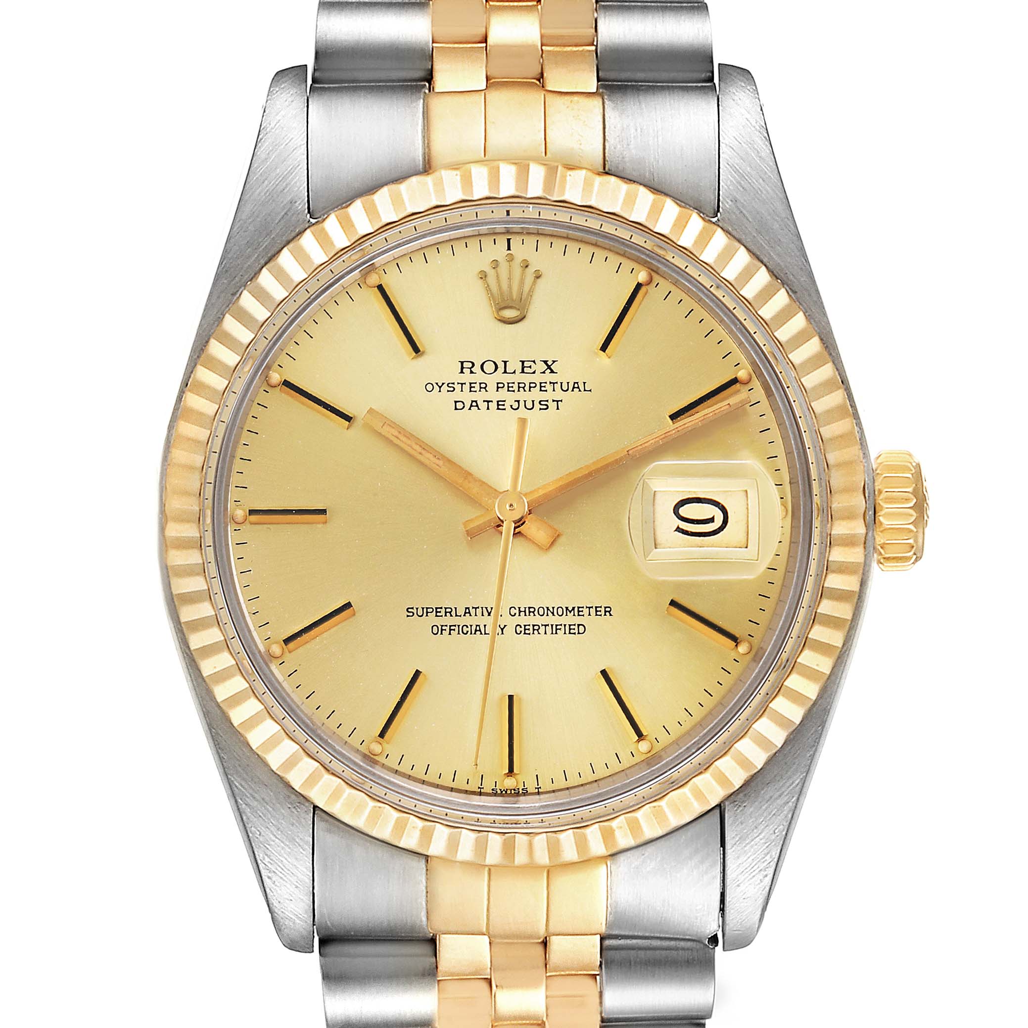The Rolex Vintage Collection 16013 Men's Steel and Gold (two tone) Champagne Dial 16013 Men's Steel and Gold (two tone) Champagne Dial model is shown from the front, featuring its gold and silver bracelet, fluted bezel, and date display.