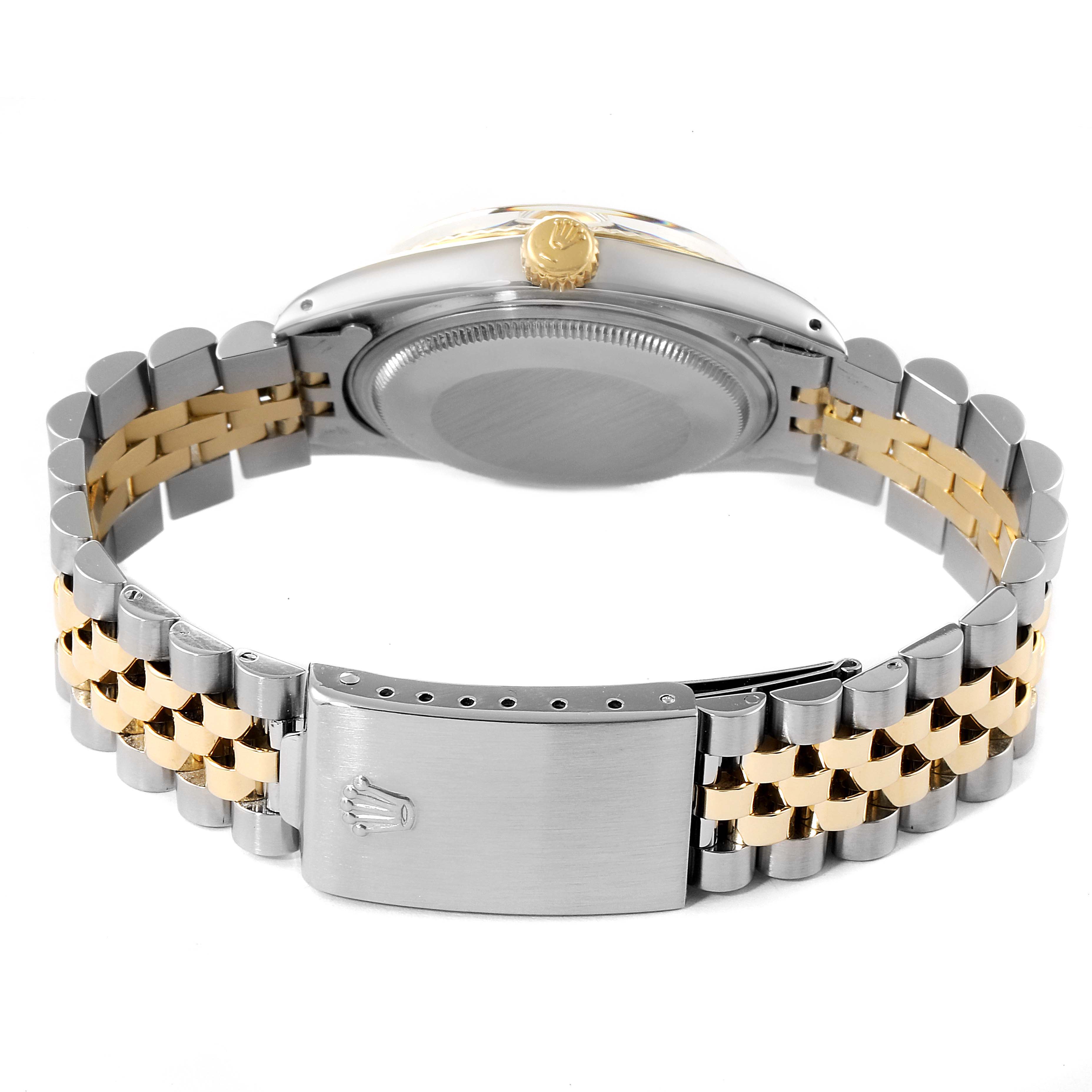 The image shows the back of a Rolex Vintage Collection 16013 Men's Steel and Gold (two tone) Champagne Dial 16013 Men's Steel and Gold (two tone) Champagne Dial watch, focusing on the clasp and bracelet links.