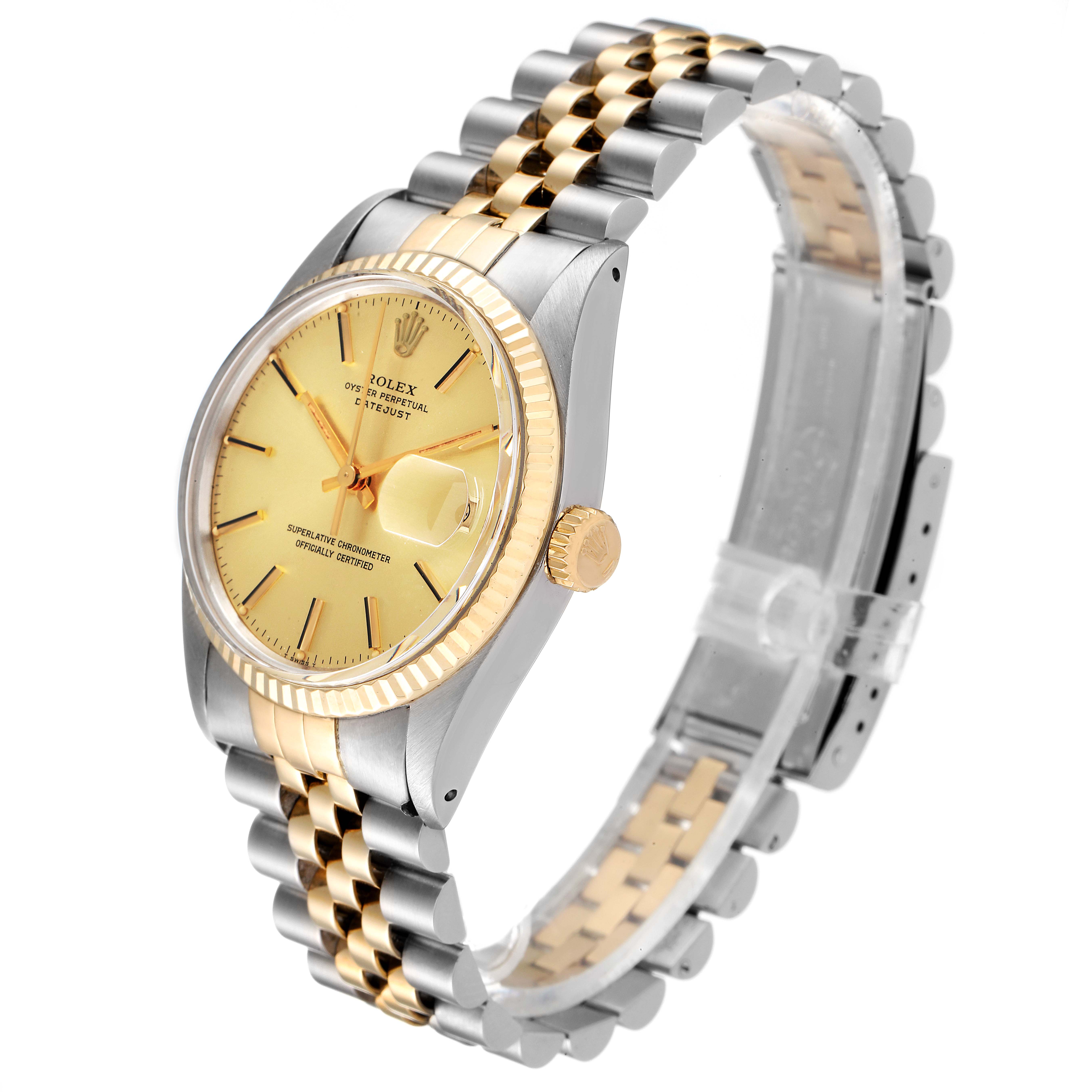 The image shows a side angle view of a Rolex Vintage Collection 16013 Men's Steel and Gold (two tone) Champagne Dial 16013 Men's Steel and Gold (two tone) Champagne Dial watch featuring a gold-toned dial, bezel, and two-tone bracelet.