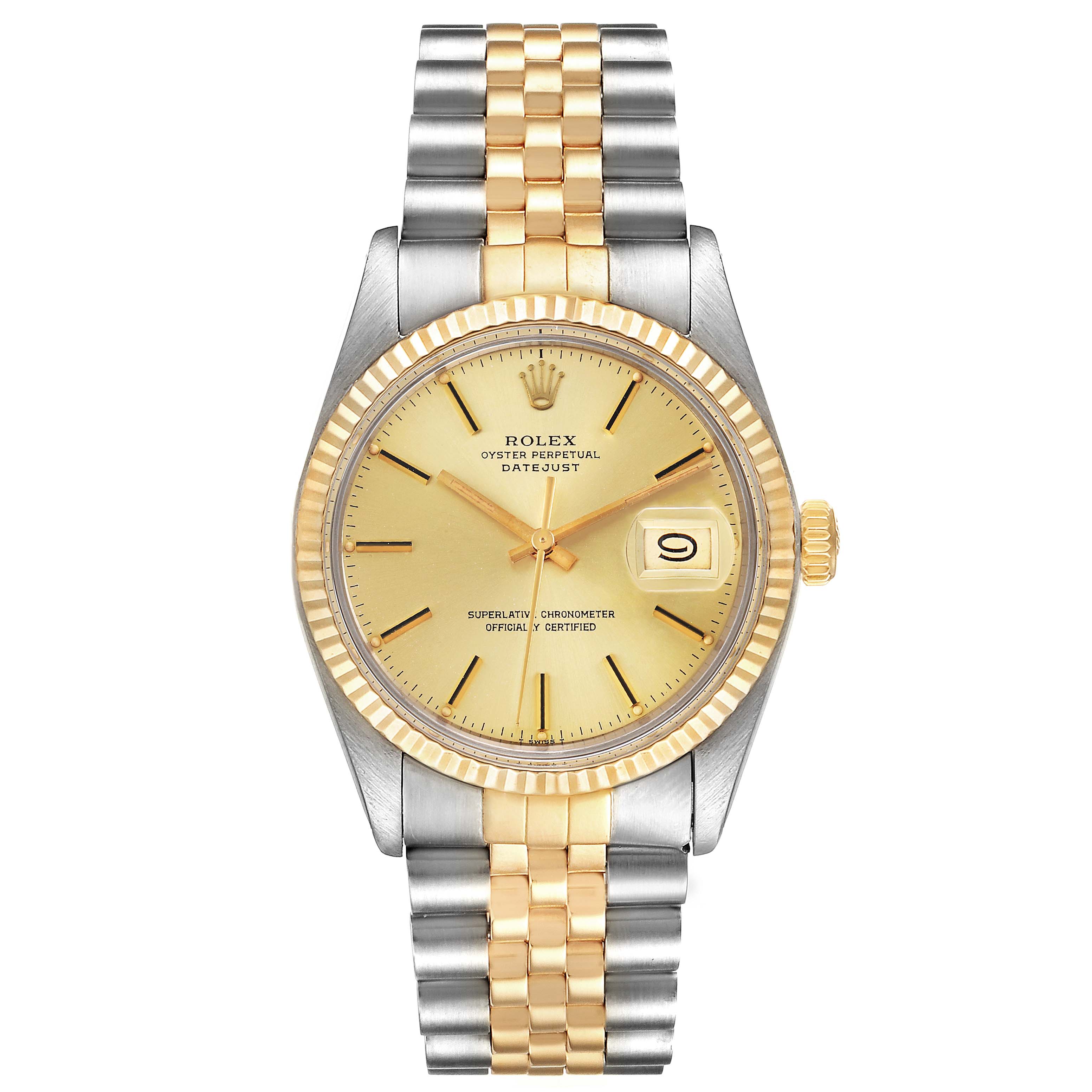The Vintage Collection Rolex watch is shown from a straight-on angle, displaying its face, bezel, and two-tone bracelet.
