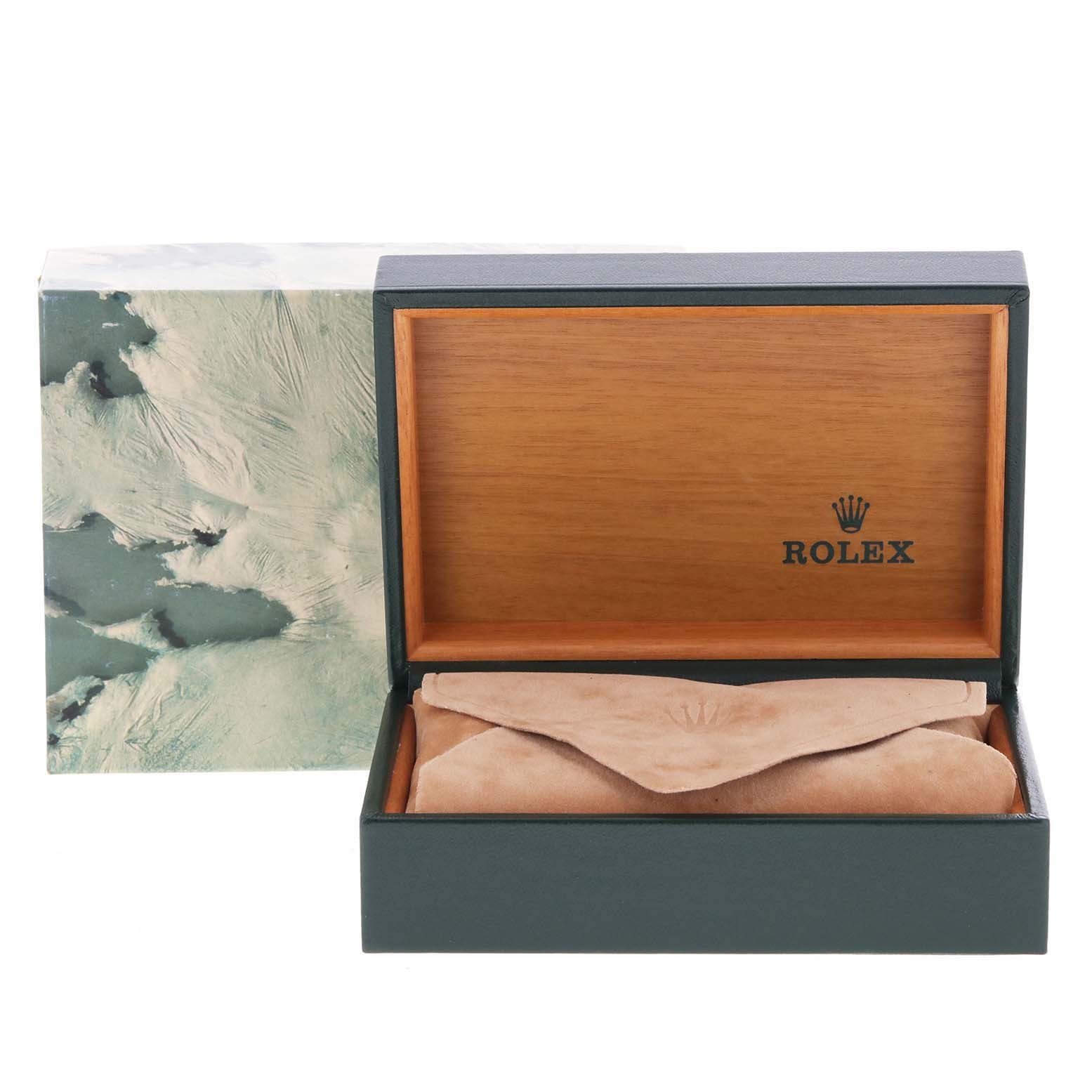 The image shows an open Rolex Vintage Collection 16013 Men's Steel and Gold (two tone) Champagne Dial 16013 Men's Steel and Gold (two tone) Champagne Dial watch box with the inner fabric pouch visible.