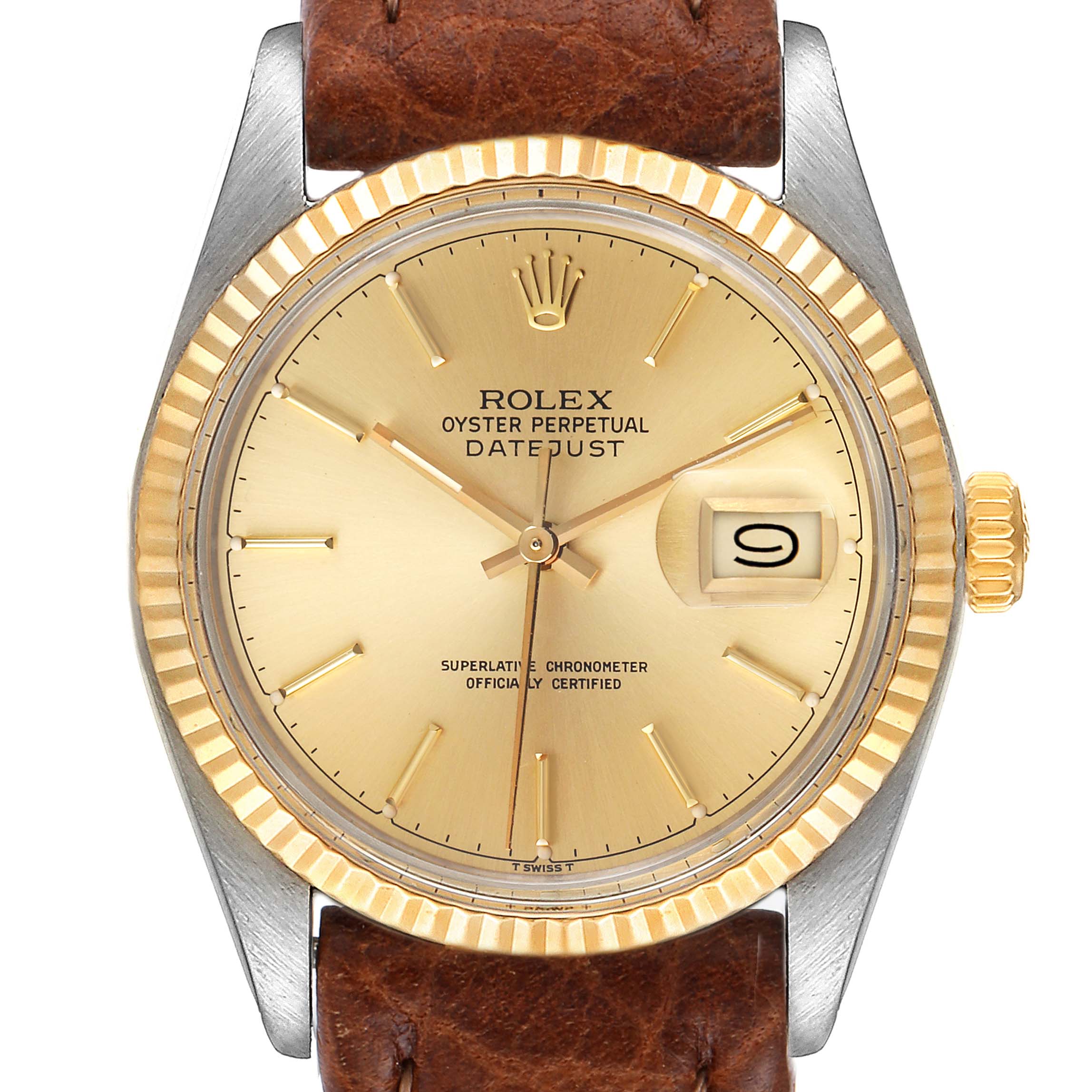 This image shows a frontal view of the Rolex Vintage Collection 16013 Men
s Steel and Gold (two tone) Champagne Dial 16013 Men
s Steel and Gold (two tone) Champagne Dial Oyster Perpetual Datejust model watch, featuring its dial, bezel, crown, and leather strap.