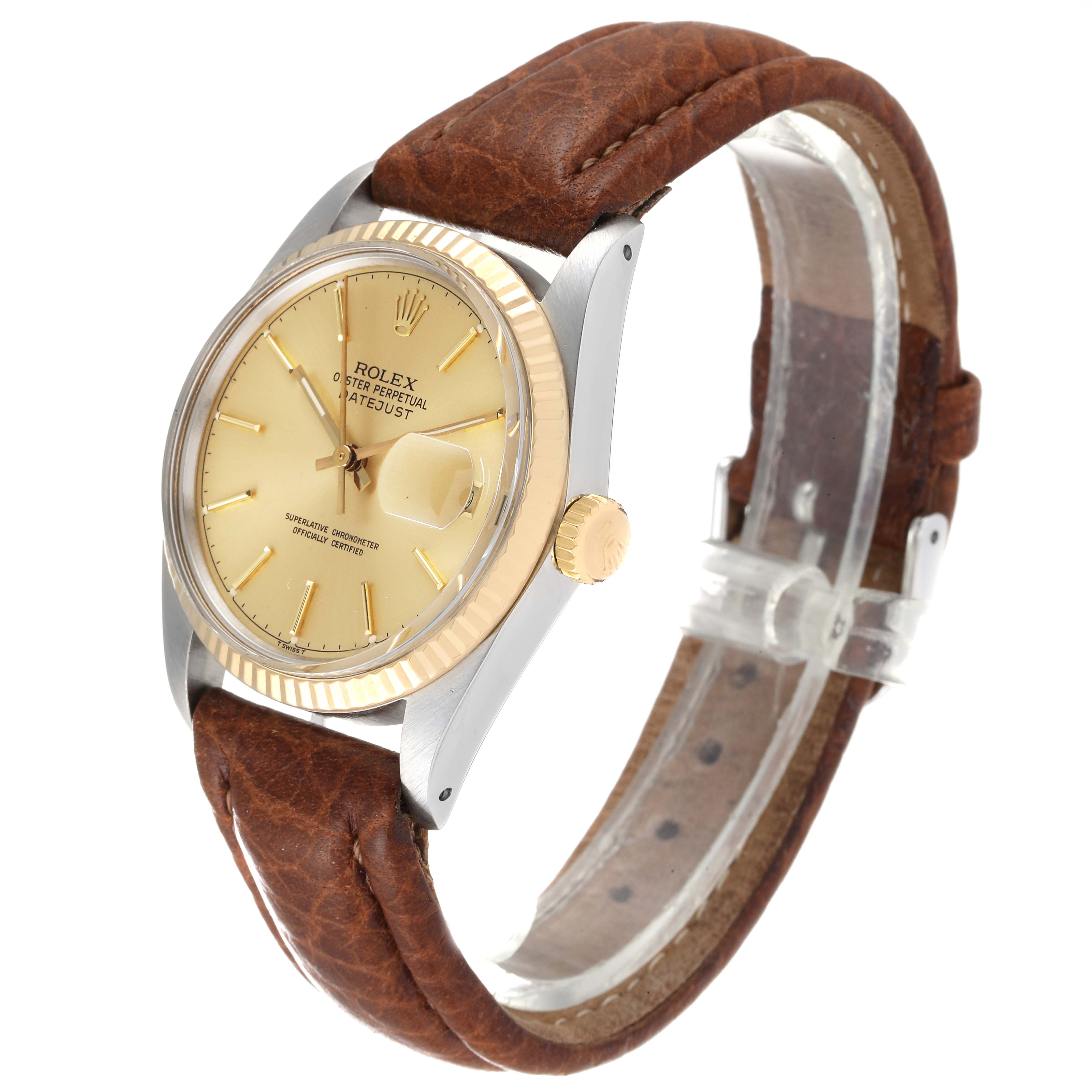 The Rolex Vintage Collection 16013 Men
s Steel and Gold (two tone) Champagne Dial 16013 Men
s Steel and Gold (two tone) Champagne Dial watch is shown at a three-quarter angle, highlighting the face, bezel, crown, and leather strap.