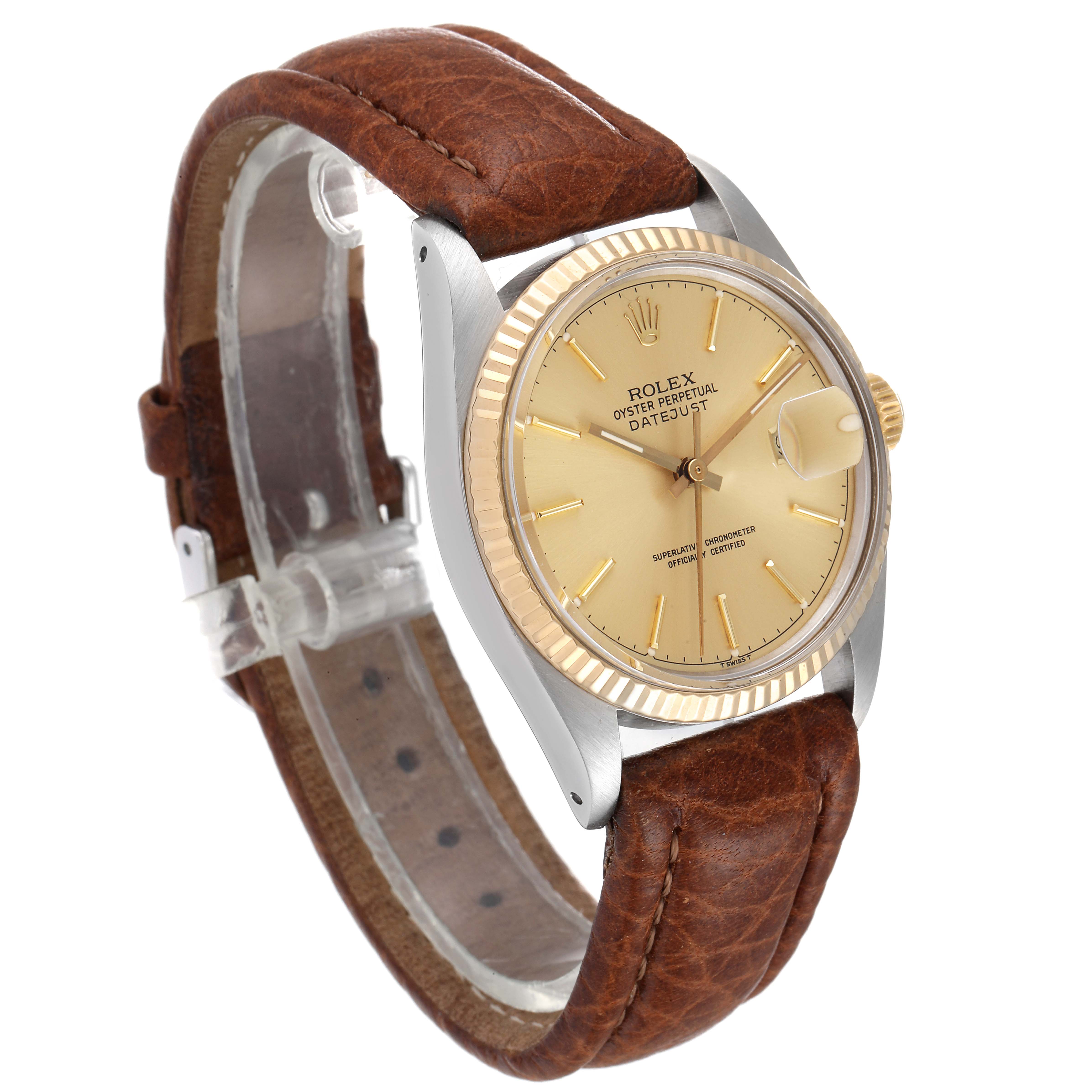 The image shows a side-angle view of the Rolex Vintage Collection 16013 Men
s Steel and Gold (two tone) Champagne Dial 16013 Men
s Steel and Gold (two tone) Champagne Dial model, featuring its dial, bezel, case, and brown leather strap.