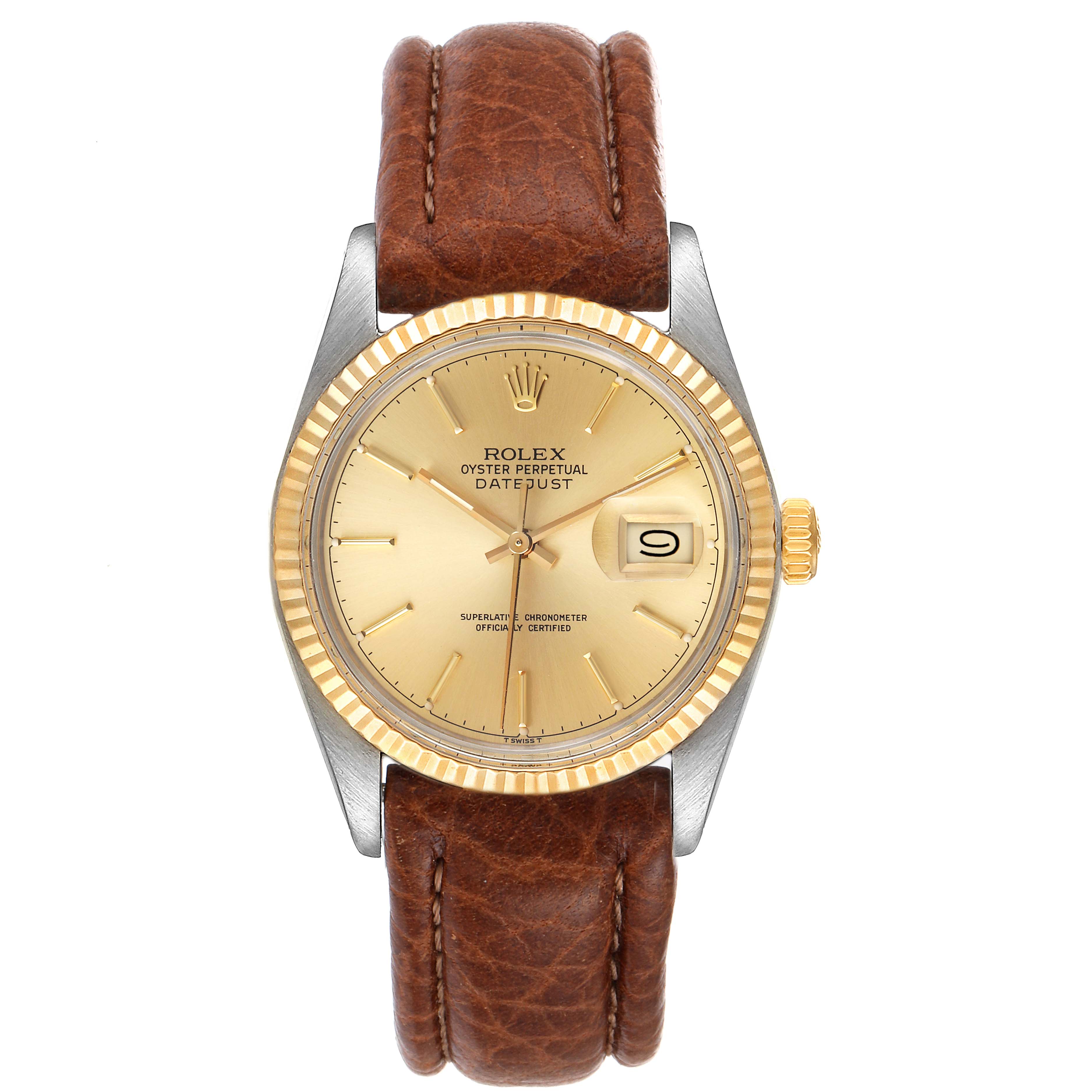 The image shows a front view of a Rolex Vintage Collection 16013 Men
s Steel and Gold (two tone) Champagne Dial 16013 Men
s Steel and Gold (two tone) Champagne Dial watch with a brown leather strap, gold bezel, and date display.