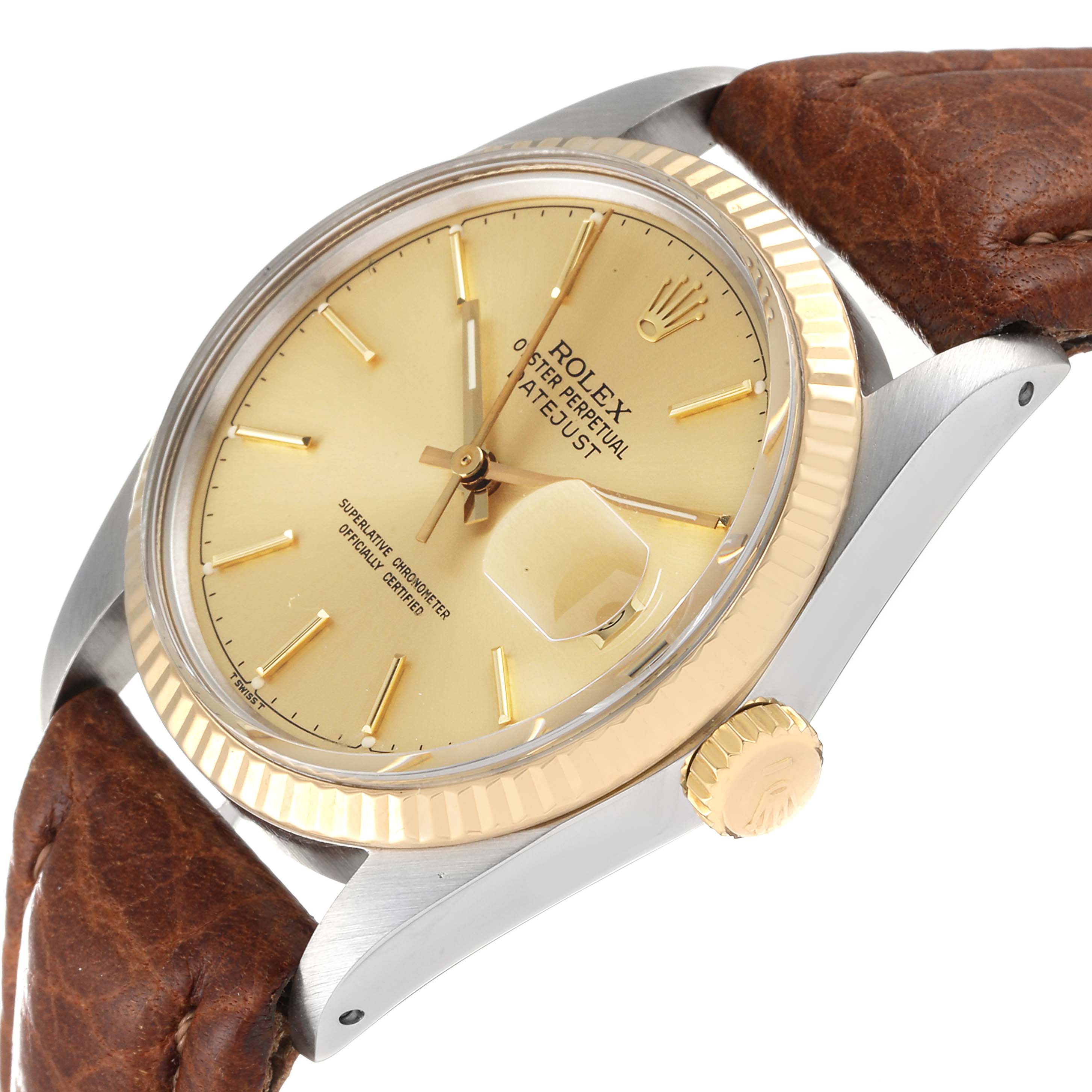 The image shows a side angle of the Rolex Vintage Collection 16013 Men
s Steel and Gold (two tone) Champagne Dial 16013 Men
s Steel and Gold (two tone) Champagne Dial model, highlighting the watch face, bezel, crown, and leather strap.