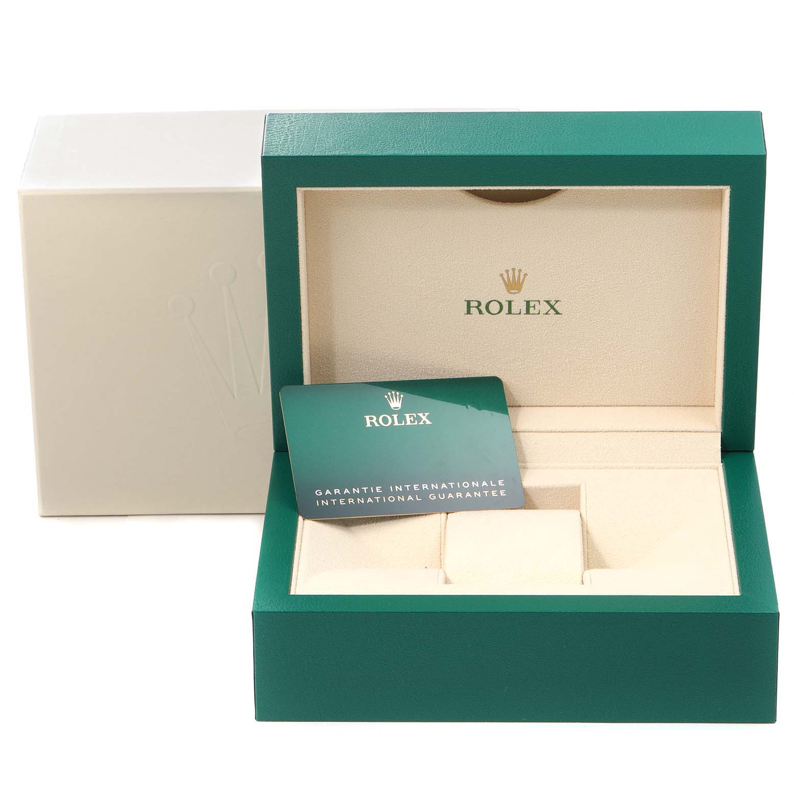 The image shows a Rolex Datejust 41 126334 Men
s Stainless Steel Black Dial 126334 Men
s Stainless Steel Black Dial watch box and an international guarantee card at a front angle.