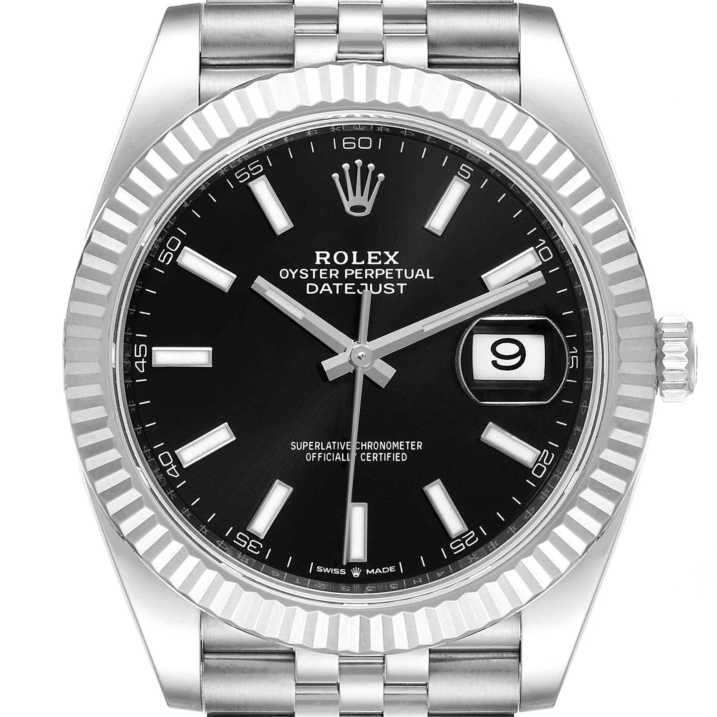 A frontal view of the Rolex Datejust 41 126334 Men
s Stainless Steel Black Dial 126334 Men
s Stainless Steel Black Dial watch, highlighting the black dial, date window, and fluted bezel.