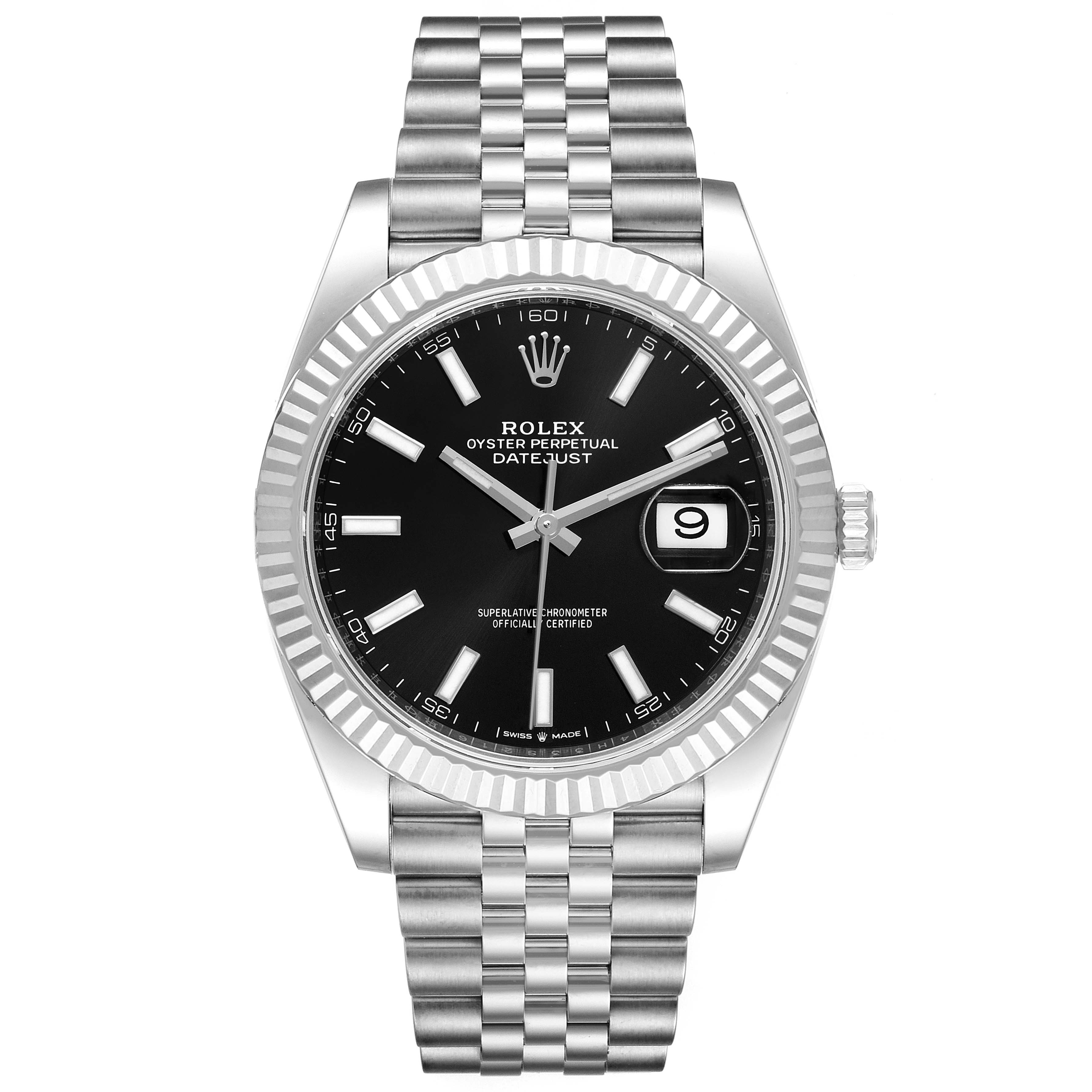 The image shows a front view of a Rolex Datejust 41 126334 Men
s Stainless Steel Black Dial 126334 Men
s Stainless Steel Black Dial watch with a black dial and Jubilee bracelet.