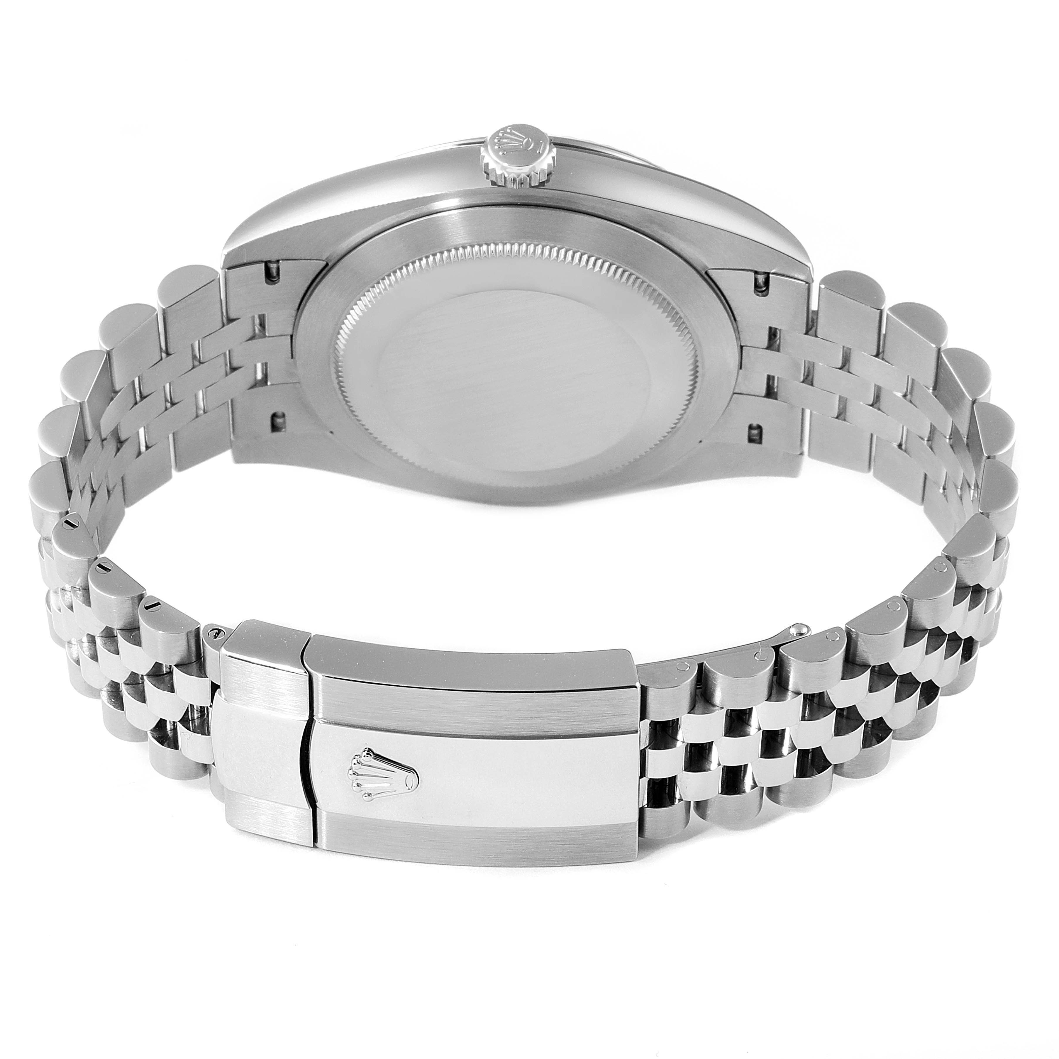 The image shows the rear view of the Rolex Datejust 41 126334 Men
s Stainless Steel Black Dial 126334 Men
s Stainless Steel Black Dial watch, highlighting its case back and Jubilee bracelet.