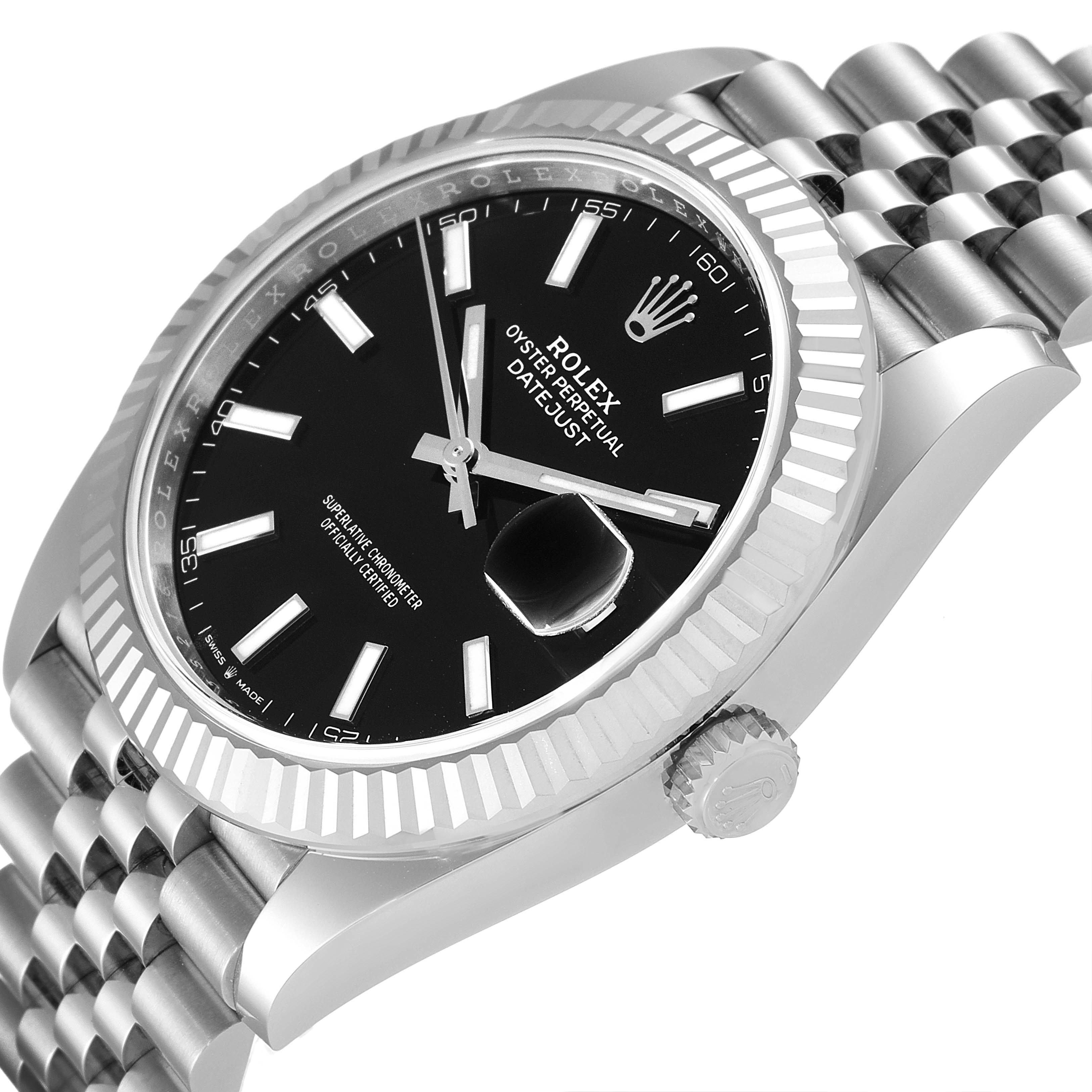 This image shows a Rolex Datejust 41 126334 Men
s Stainless Steel Black Dial 126334 Men
s Stainless Steel Black Dial watch at an angled side view, highlighting its black dial, fluted bezel, and Jubilee bracelet.