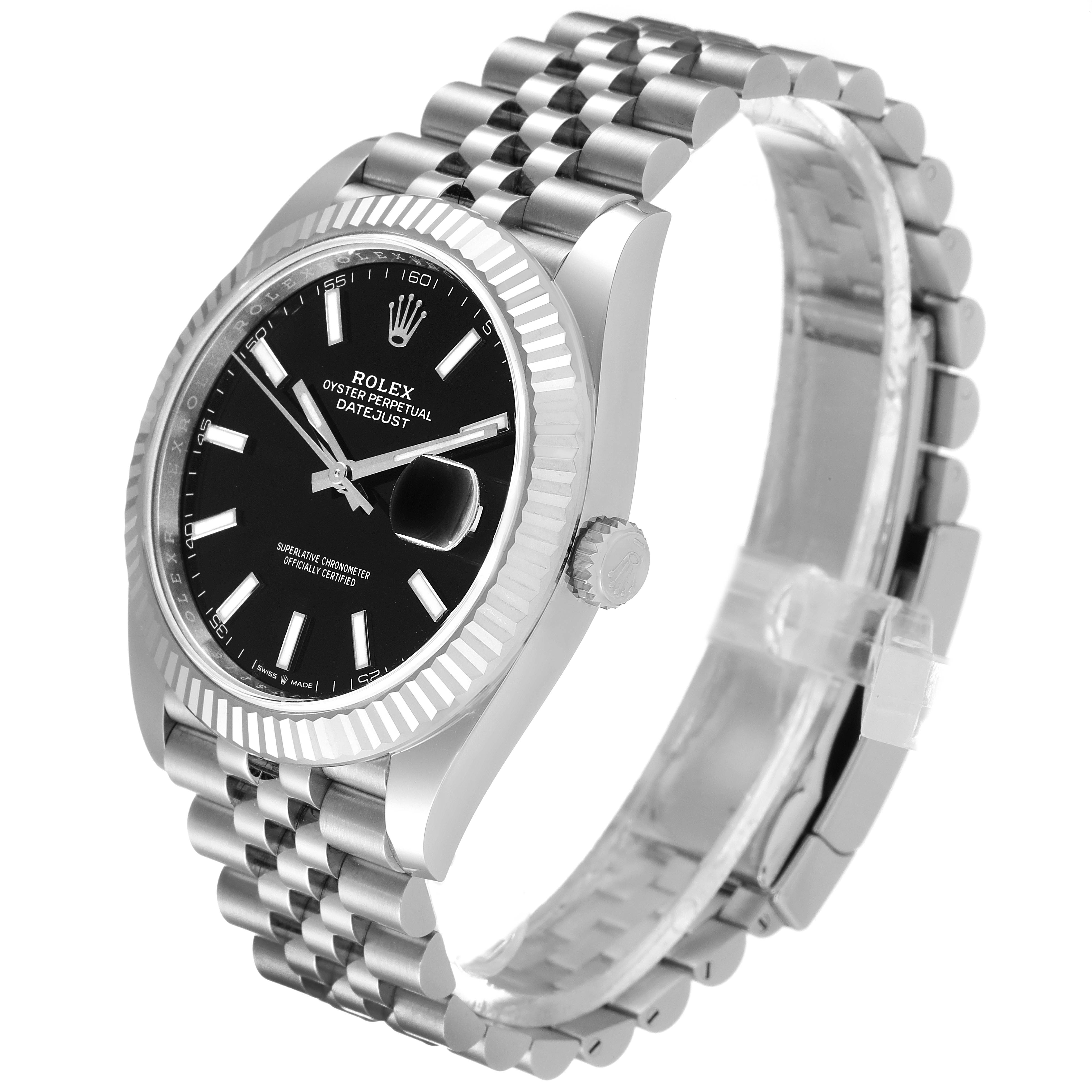 The image shows a Rolex Datejust 41 126334 Men
s Stainless Steel Black Dial 126334 Men
s Stainless Steel Black Dial model at an angle highlighting its face, crown, fluted bezel, and Jubilee bracelet.