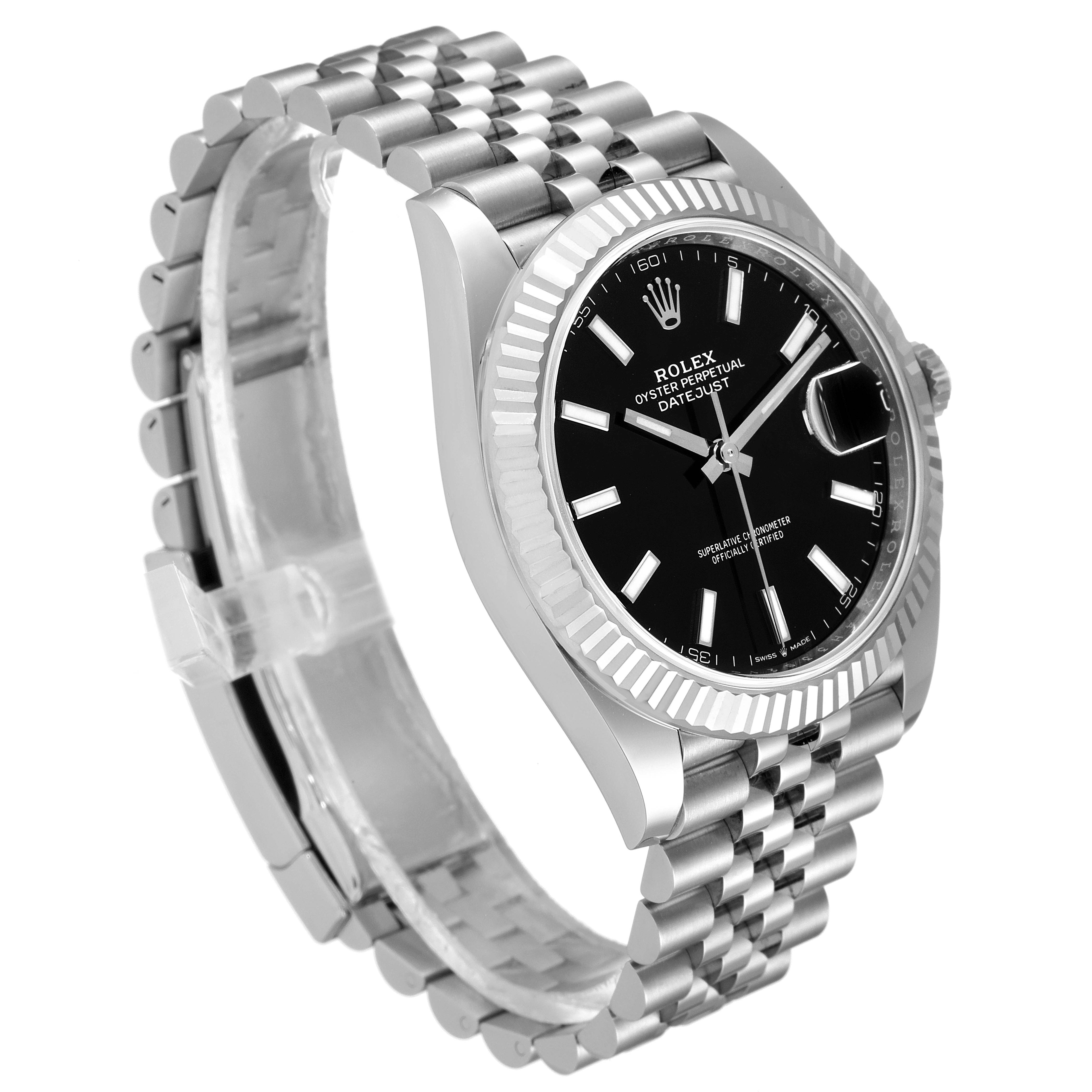 The image shows a Rolex Datejust 41 126334 Men
s Stainless Steel Black Dial 126334 Men
s Stainless Steel Black Dial watch angled to display the black dial, fluted bezel, and Jubilee bracelet.
