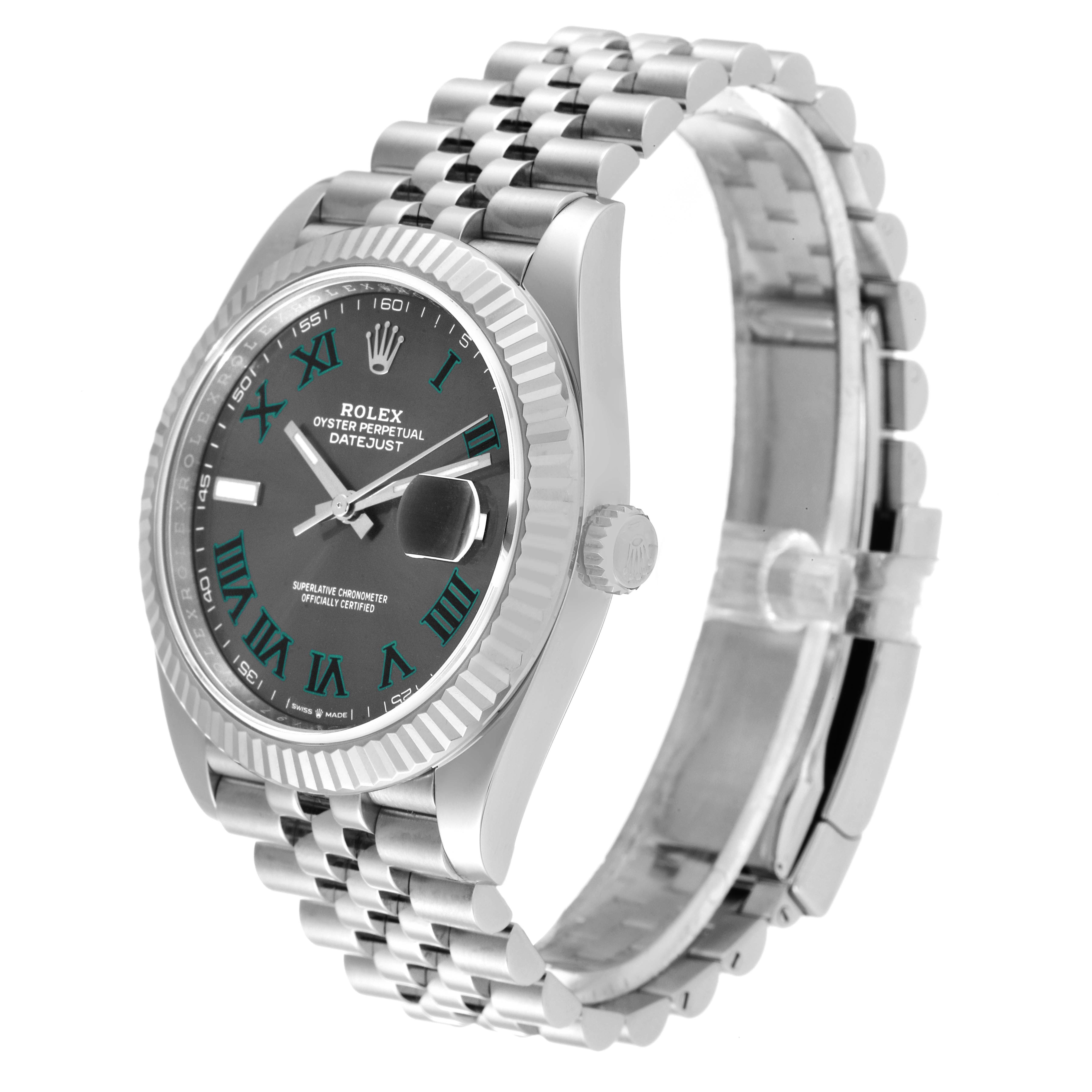 The image shows a Rolex Datejust 41 126334 Men's Stainless Steel Grey Dial 126334 Men's Stainless Steel Grey Dial watch at a three-quarter angle, highlighting the face, bezel, crown, and bracelet.