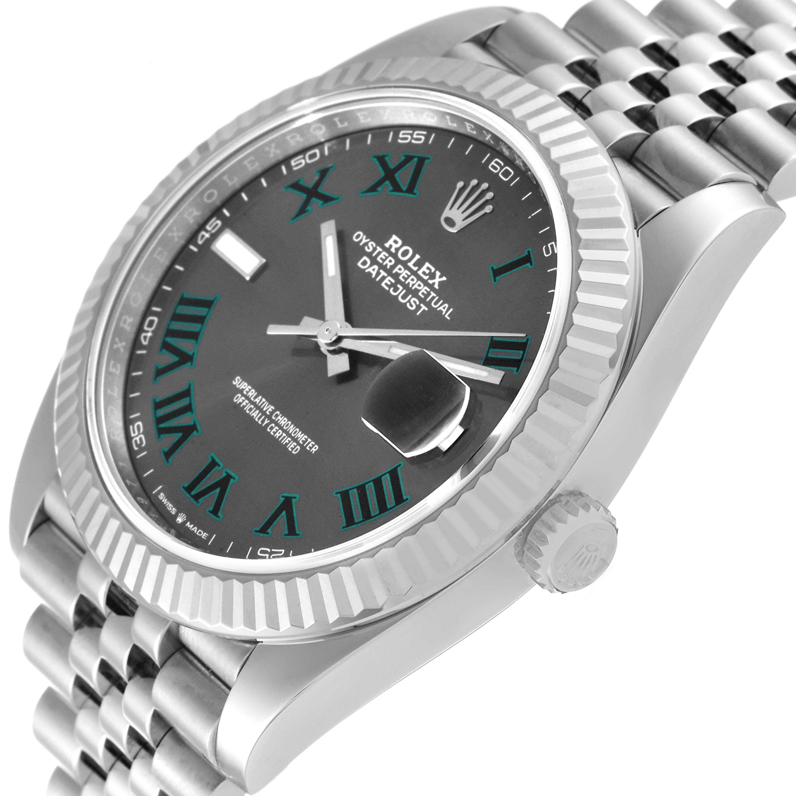 The Rolex Datejust 41 126334 Men's Stainless Steel Grey Dial 126334 Men's Stainless Steel Grey Dial watch is shown at a slight angle, displaying the dial, bezel, crown, and part of the bracelet.