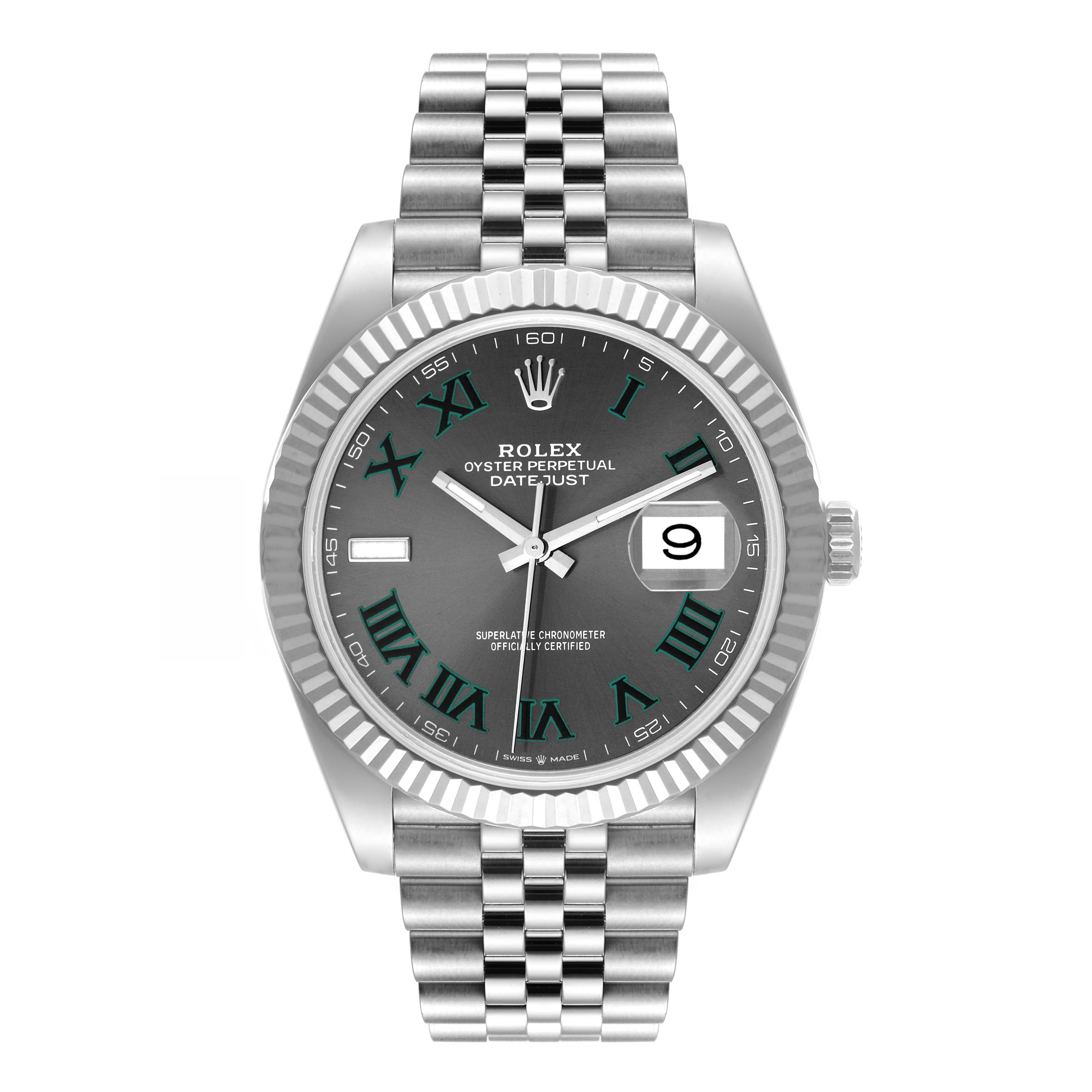 This is a front view of the Rolex Datejust 41 126334 Men's Stainless Steel Grey Dial 126334 Men's Stainless Steel Grey Dial, showcasing its dial, fluted bezel, and Jubilee bracelet.