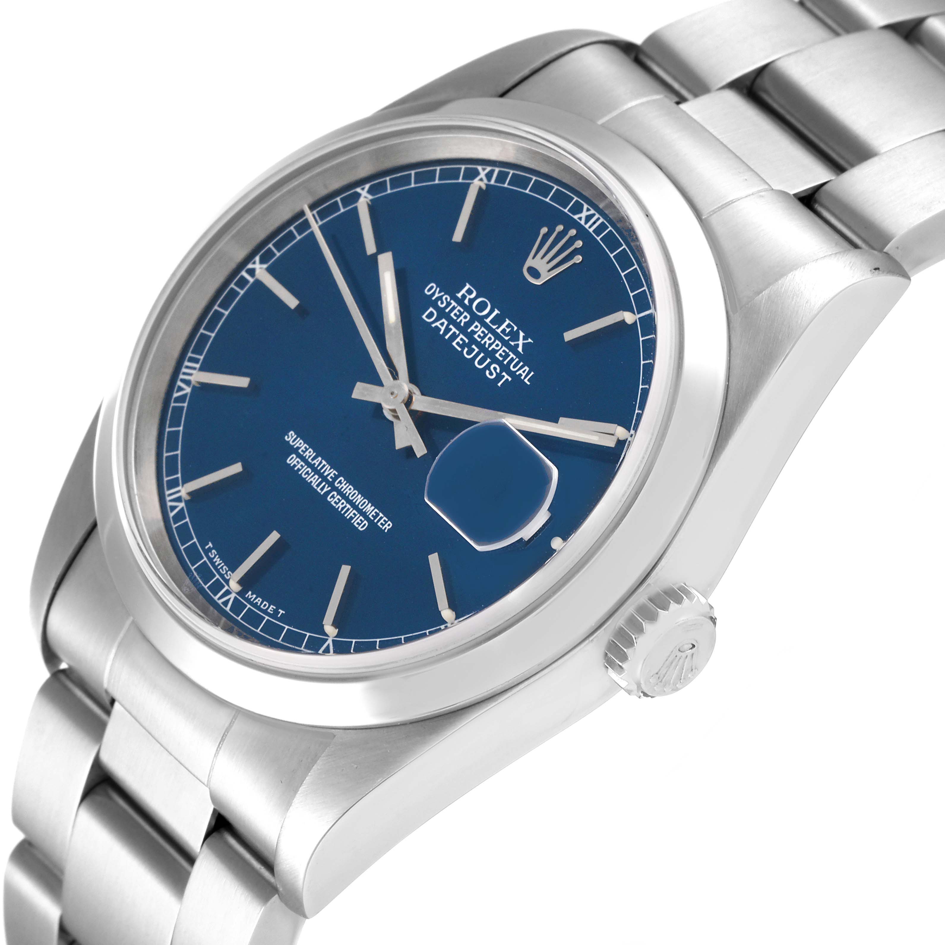 The image shows a Rolex Datejust 16200 Men's Stainless Steel Blue Dial 16200 Men's Stainless Steel Blue Dial watch at a slight angle, highlighting the blue dial, case, and part of the bracelet.
