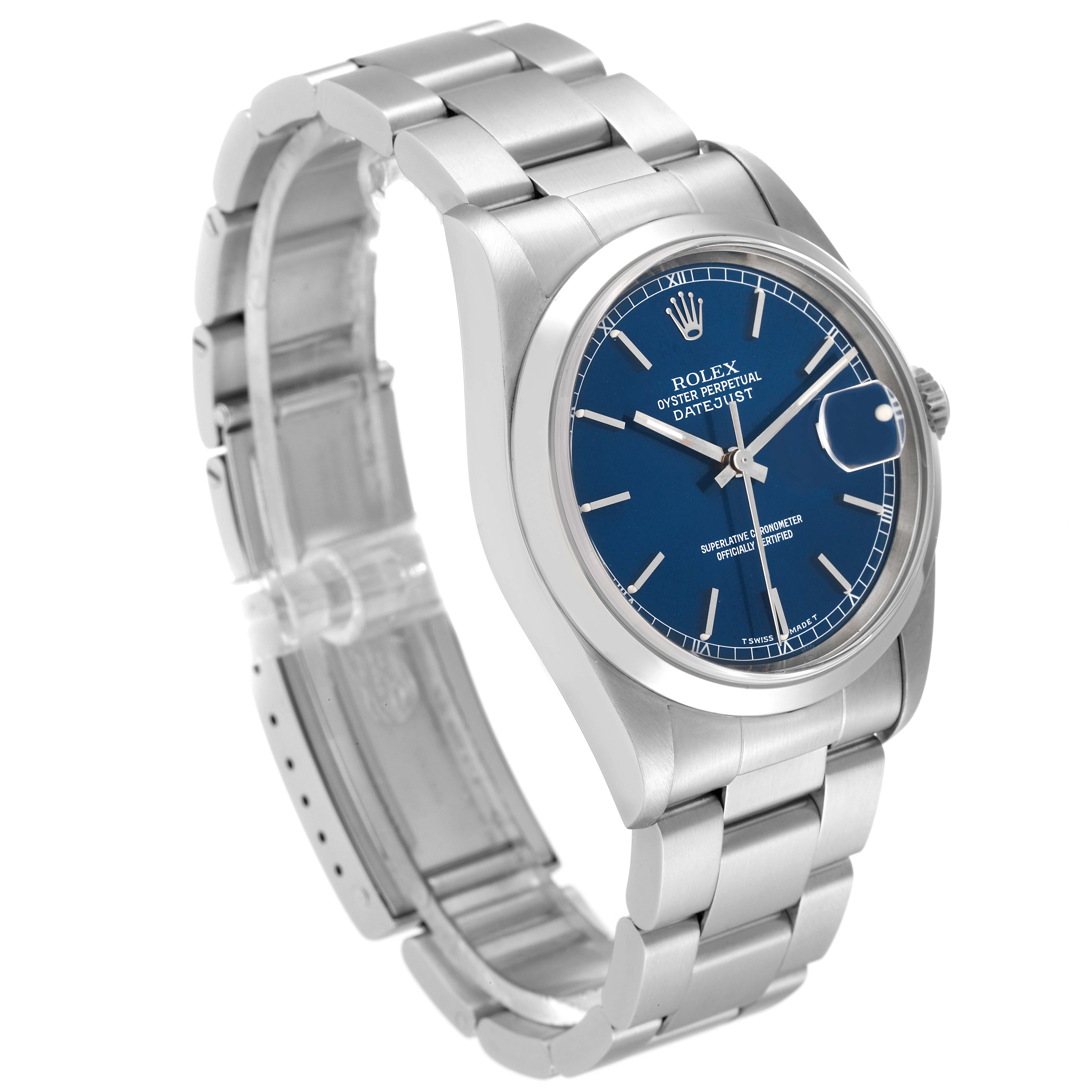 The image shows a Rolex Datejust 16200 Men's Stainless Steel Blue Dial 16200 Men's Stainless Steel Blue Dial watch at a 3/4 angle, highlighting the bracelet, case, crown, and blue dial.
