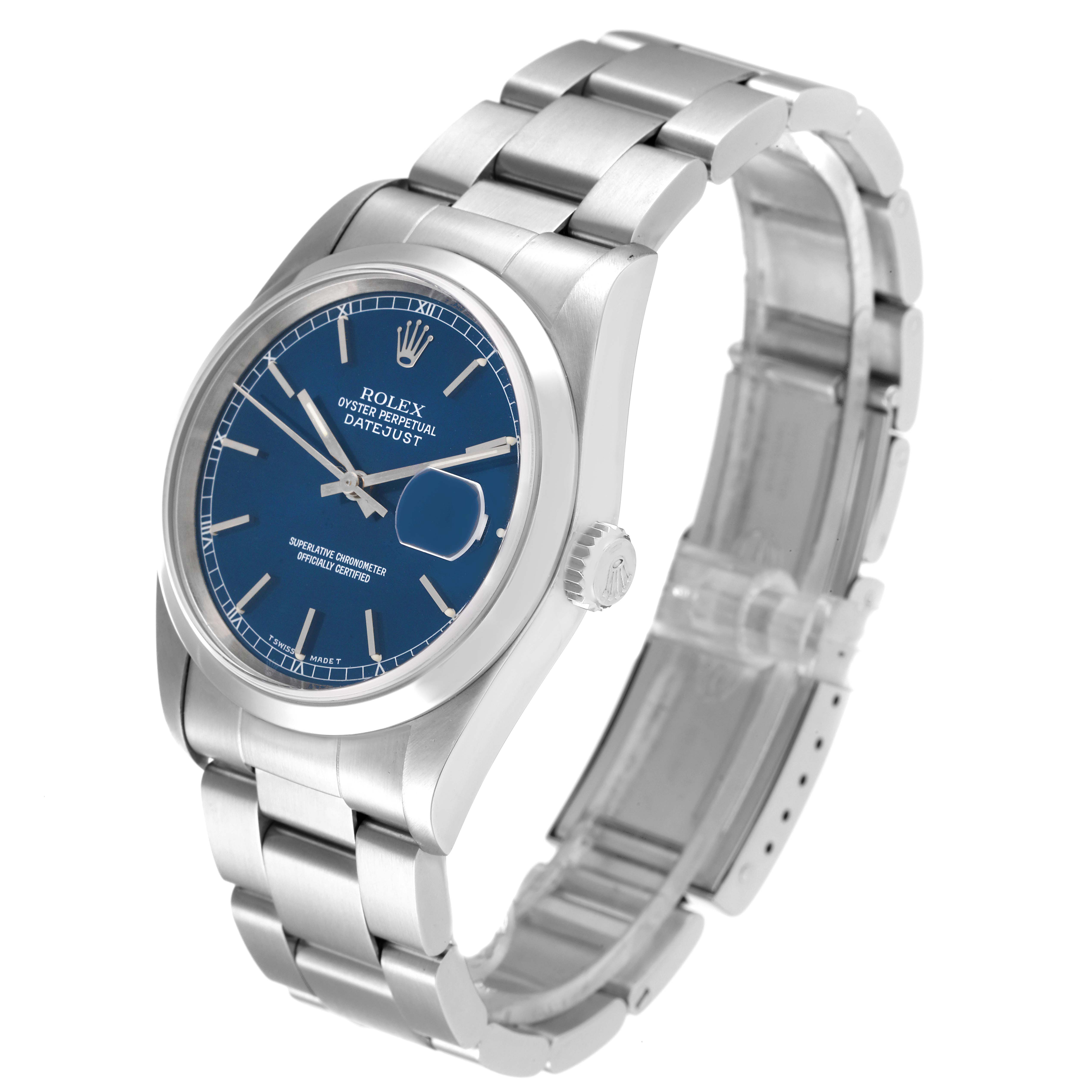 This image shows a side-angle view of a Rolex Datejust 16200 Men's Stainless Steel Blue Dial 16200 Men's Stainless Steel Blue Dial watch, highlighting its blue dial and stainless steel bracelet.