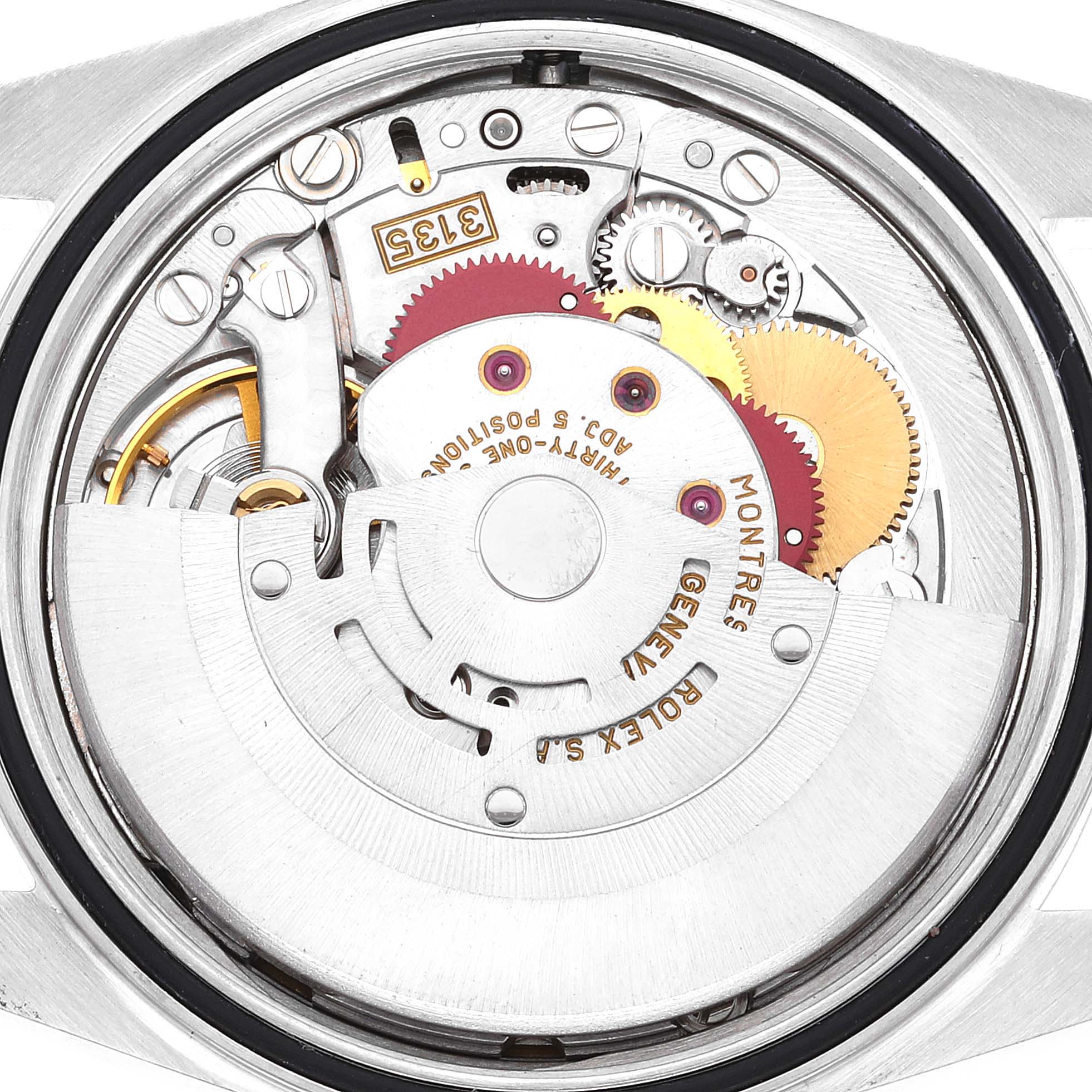 This image shows the internal mechanism of a Rolex Datejust 16200 Men's Stainless Steel Blue Dial 16200 Men's Stainless Steel Blue Dial watch from a back view angle.