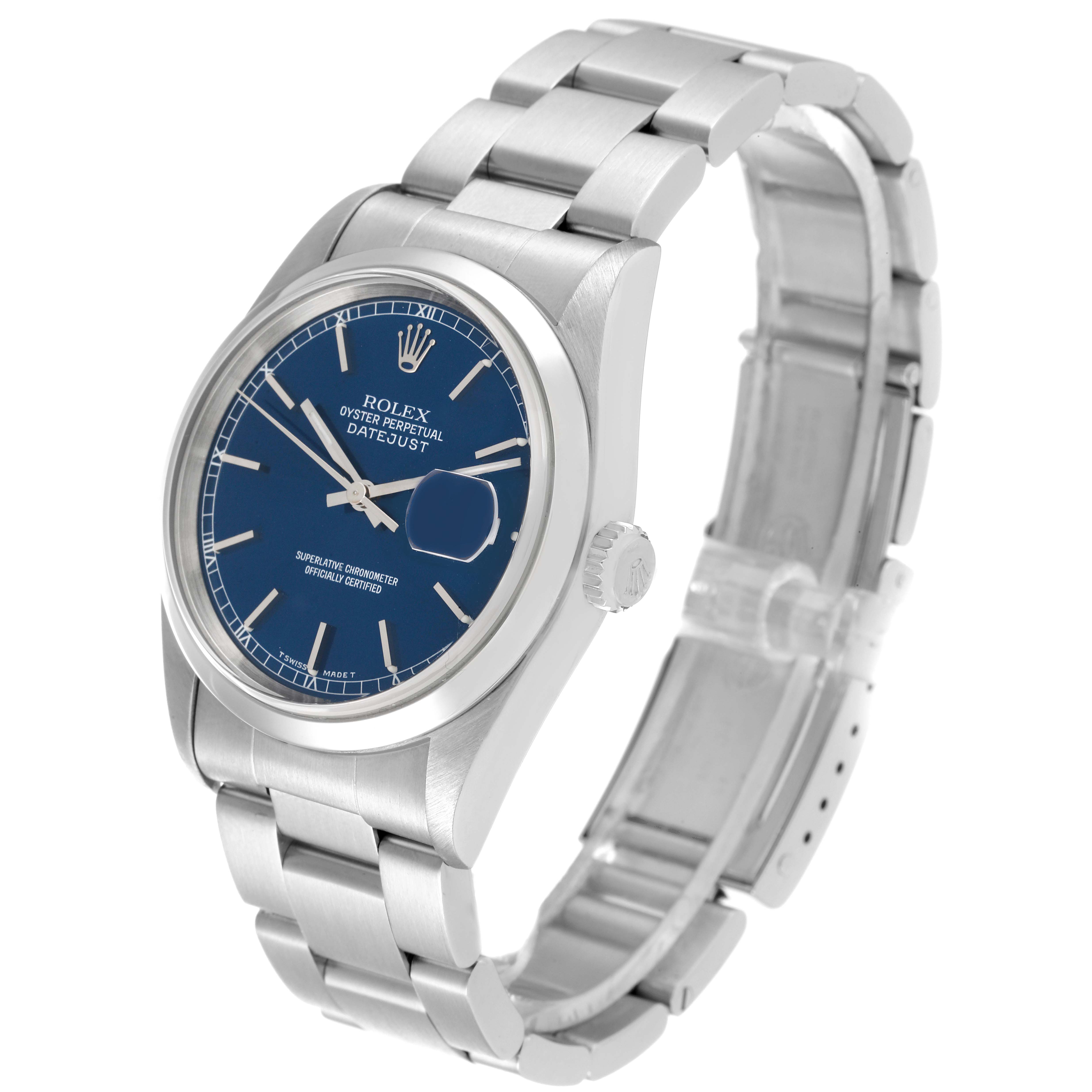 The image shows a Rolex Datejust 16200 Men's Stainless Steel Blue Dial 16200 Men's Stainless Steel Blue Dial model watch from an angled side view, highlighting the face, bezel, and bracelet.