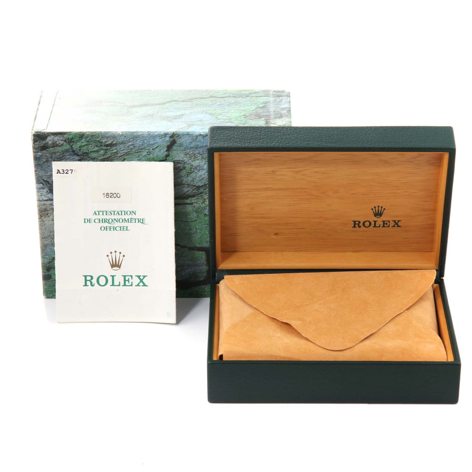 The image shows the packaging, a Rolex Datejust 16200 Men's Stainless Steel Blue Dial 16200 Men's Stainless Steel Blue Dial watch box, and an official chronometer certification booklet.