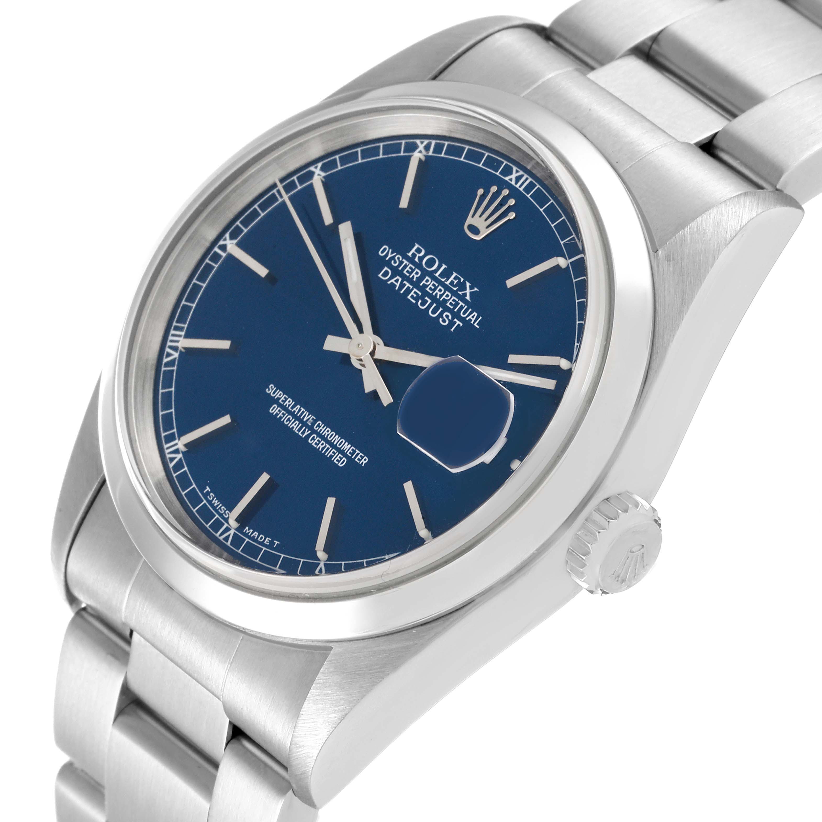 This image shows a close-up, angled view of a Rolex Datejust 16200 Men's Stainless Steel Blue Dial 16200 Men's Stainless Steel Blue Dial watch face, crown, and part of its metal bracelet.
