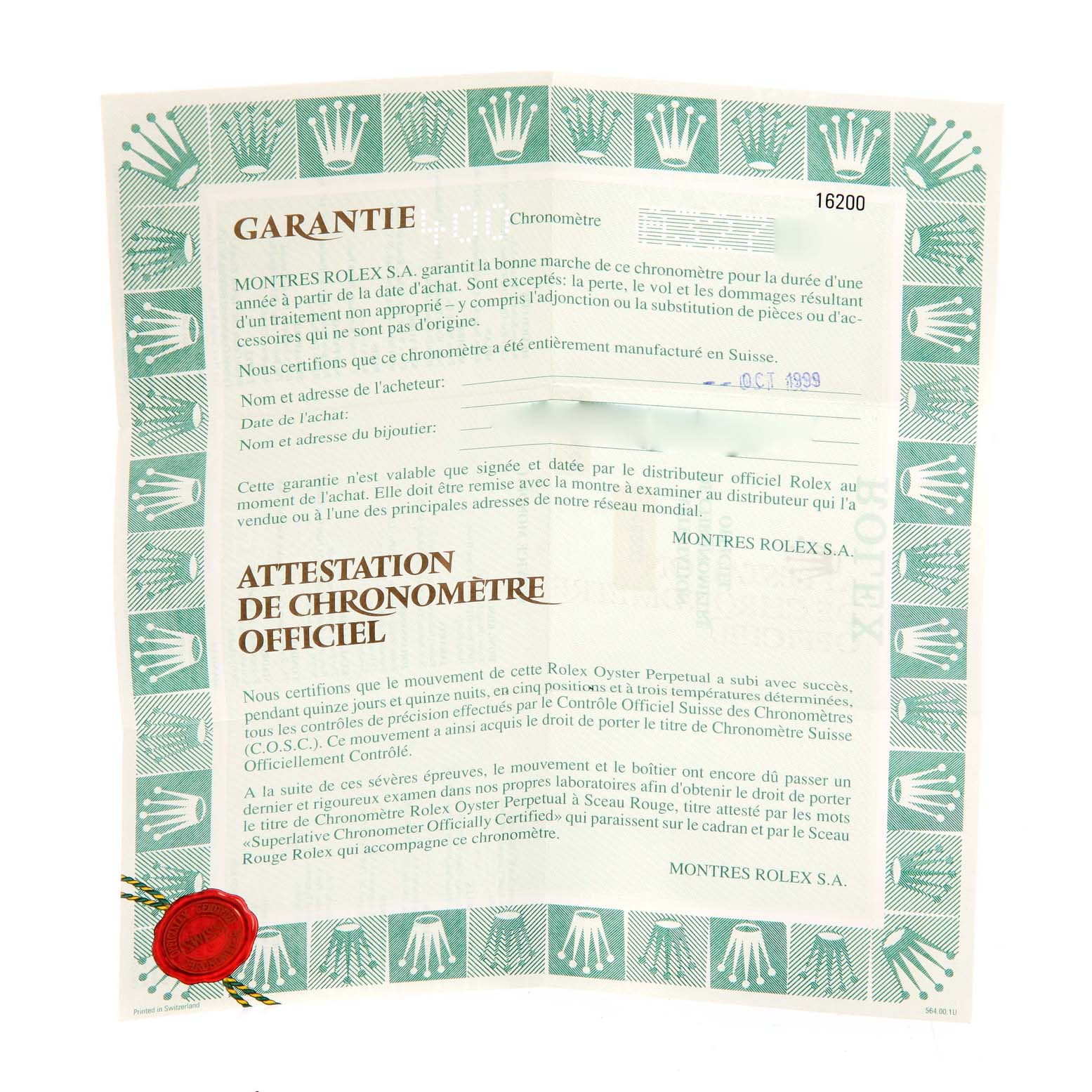 The image shows a warranty and chronometer certificate for the Rolex Datejust 16200 Men's Stainless Steel Blue Dial 16200 Men's Stainless Steel Blue Dial watch model.