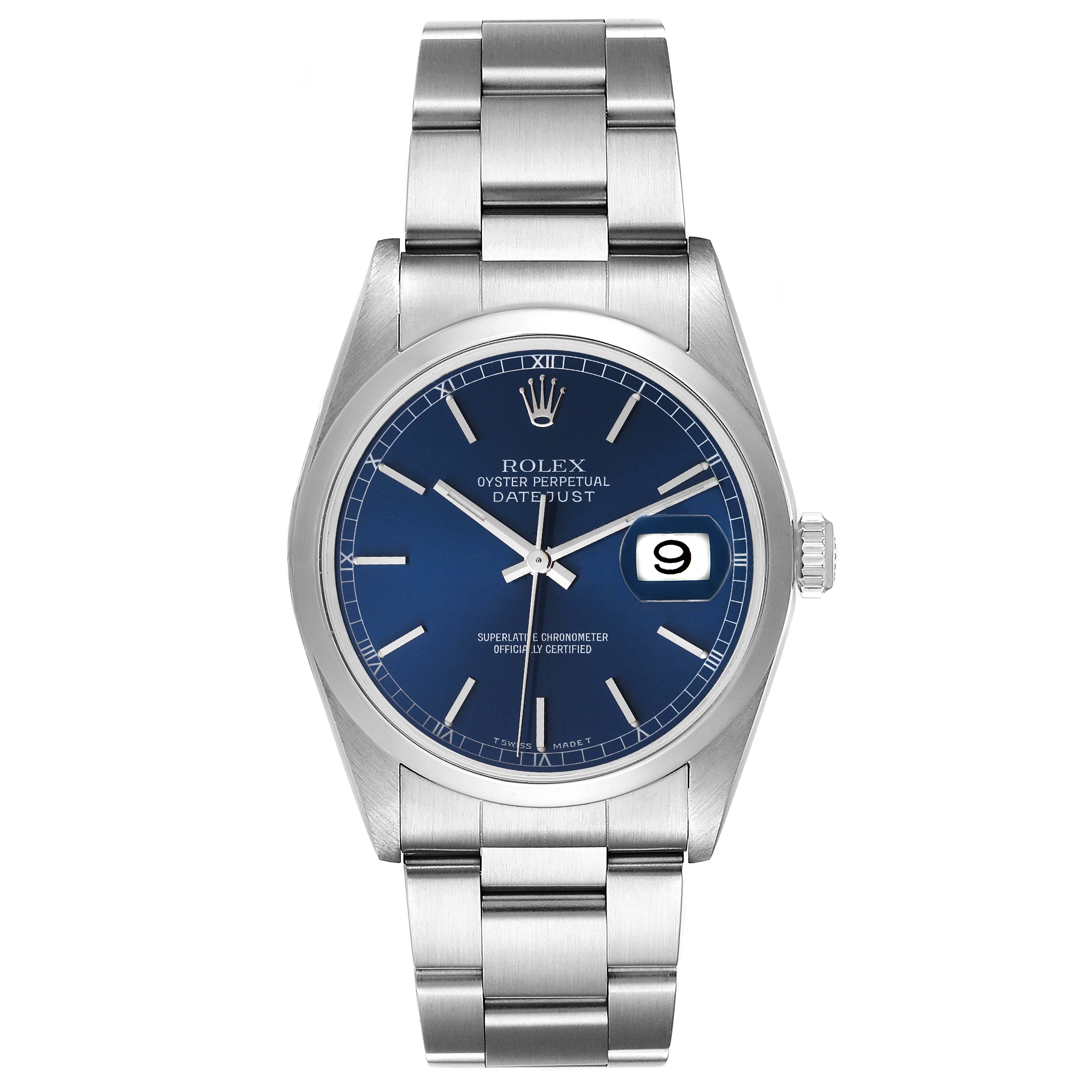 The image shows a Rolex Datejust 16200 Men's Stainless Steel Blue Dial 16200 Men's Stainless Steel Blue Dial watch from a front angle, displaying the face, bracelet, and crown.
