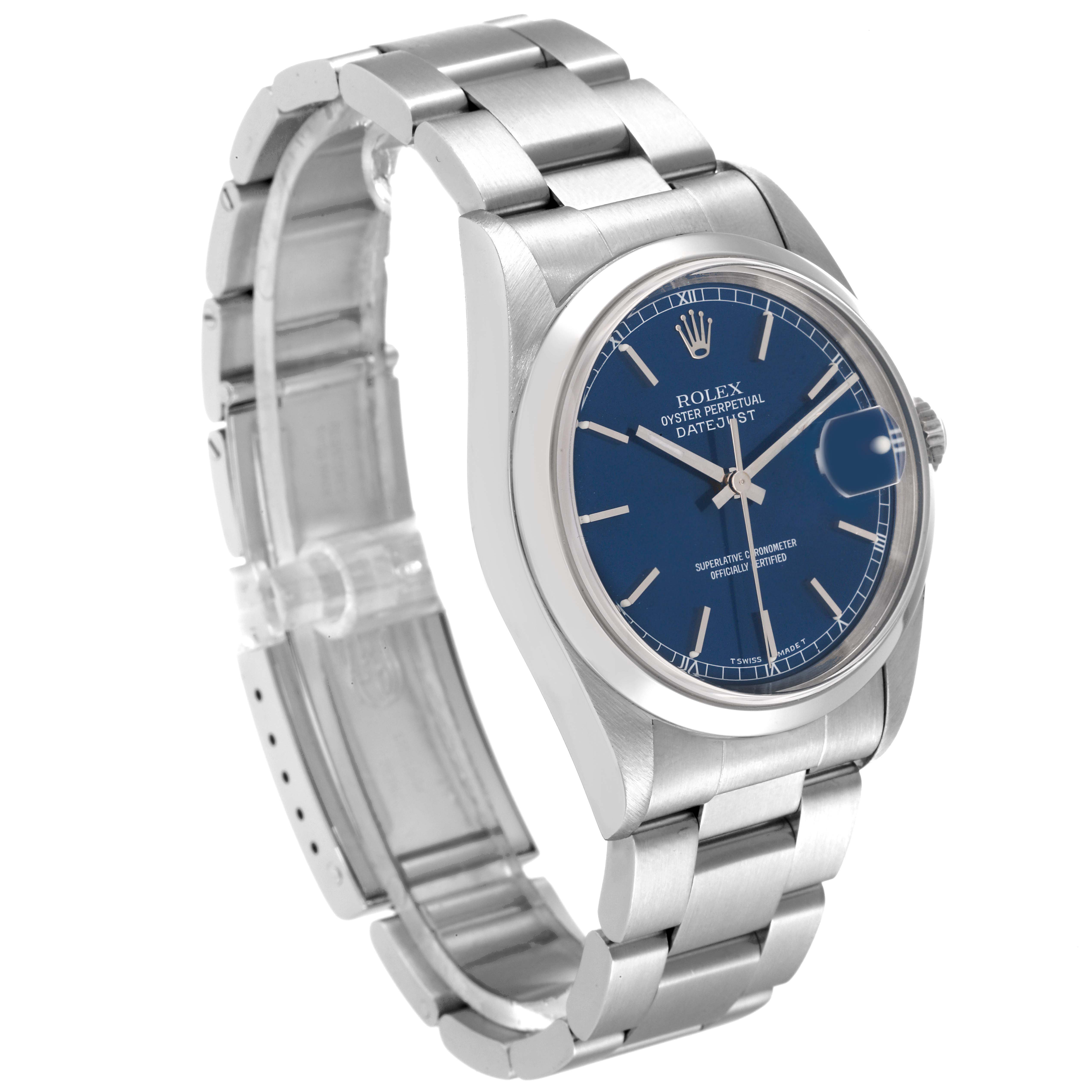 The Rolex Datejust 16200 Men's Stainless Steel Blue Dial 16200 Men's Stainless Steel Blue Dial watch is shown at a slight angle, displaying its face, bracelet, and clasp.