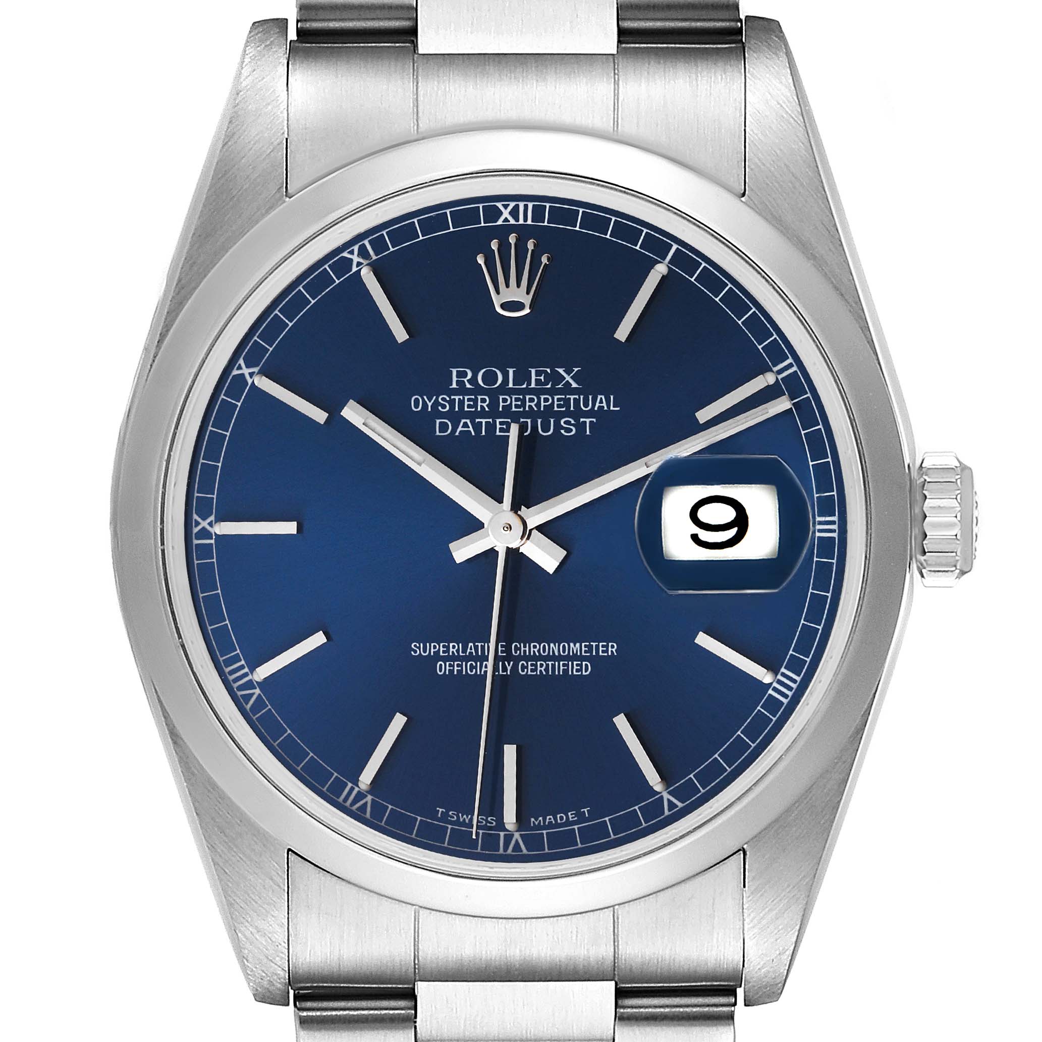 The image shows a front view of a Rolex Datejust 16200 Men's Stainless Steel Blue Dial 16200 Men's Stainless Steel Blue Dial watch with a blue dial and date window.
