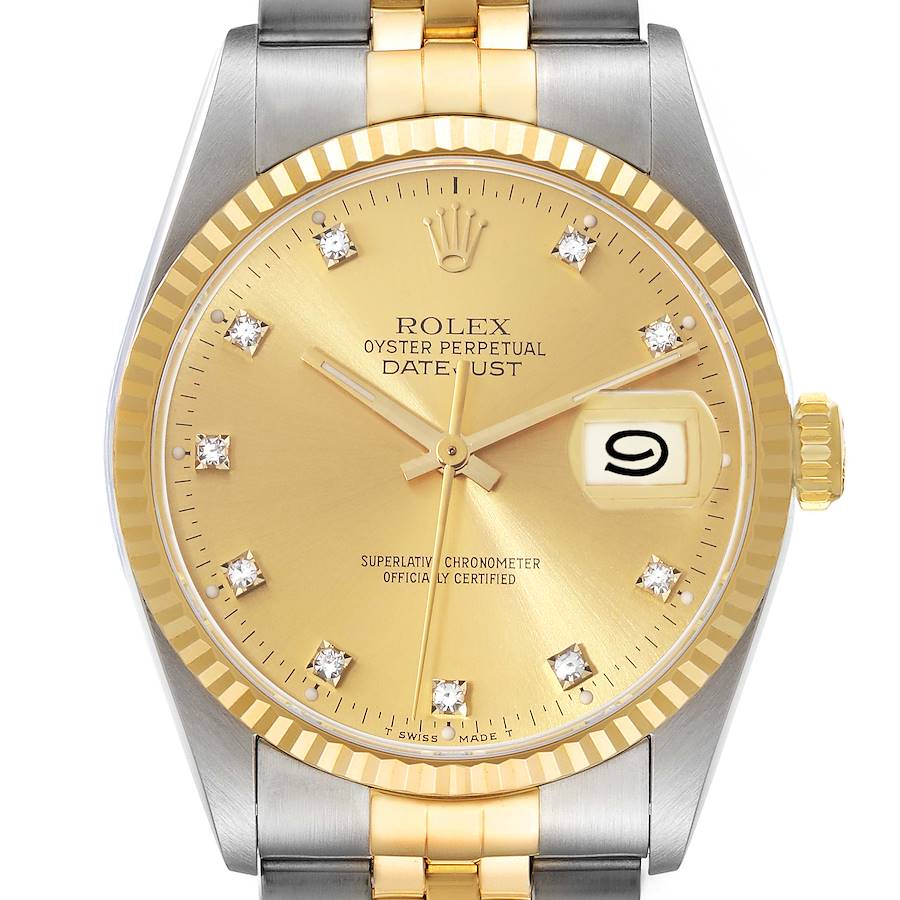 Rolex Datejust Champagne Diamond Dial Steel Yellow Gold Mens Watch 16233 SwissWatchExpo
