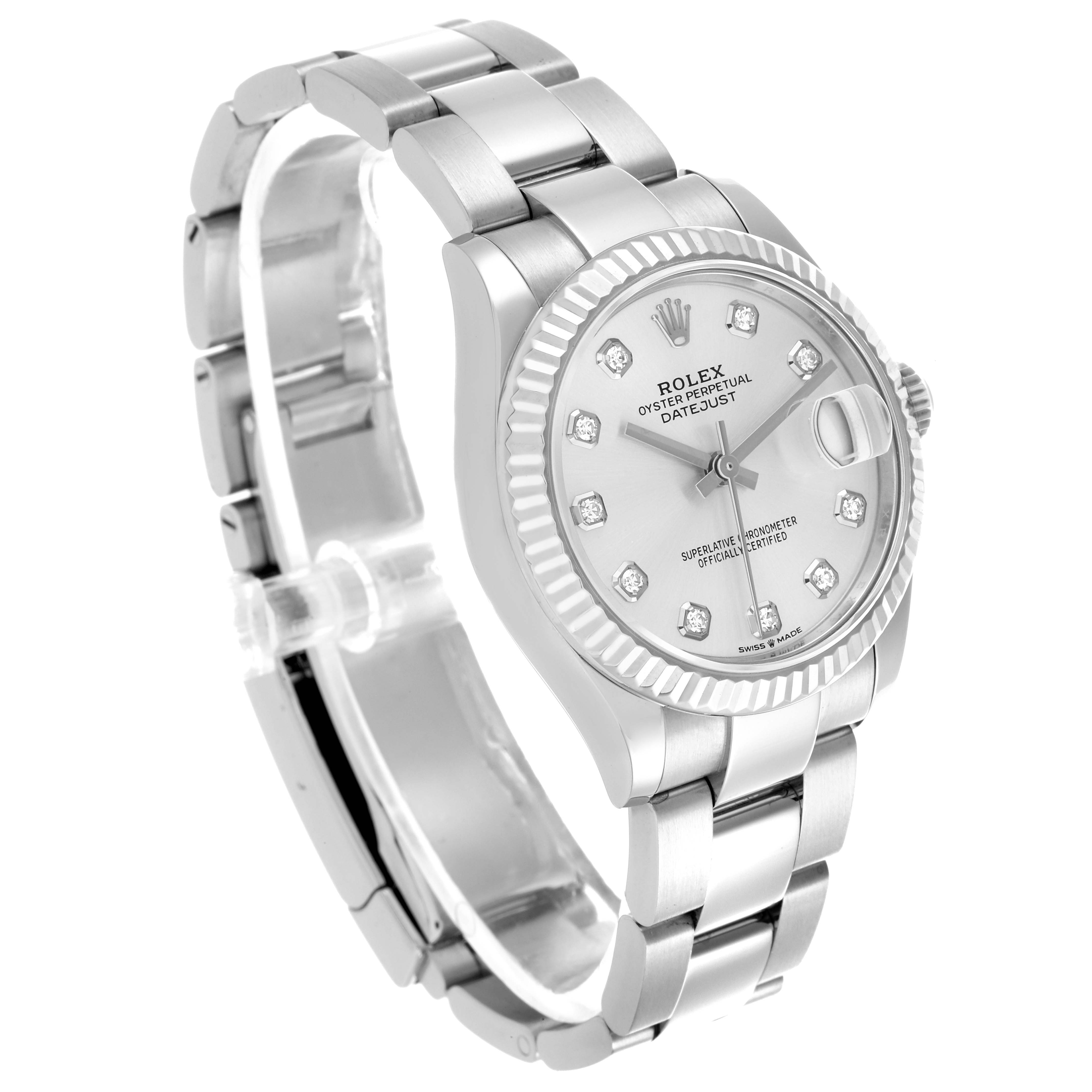 The Rolex Mid-Size 278274 Women's Stainless Steel Silver Dial 278274 Women's Stainless Steel Silver Dial watch is shown at an angled view, highlighting the face, bezel, and bracelet.