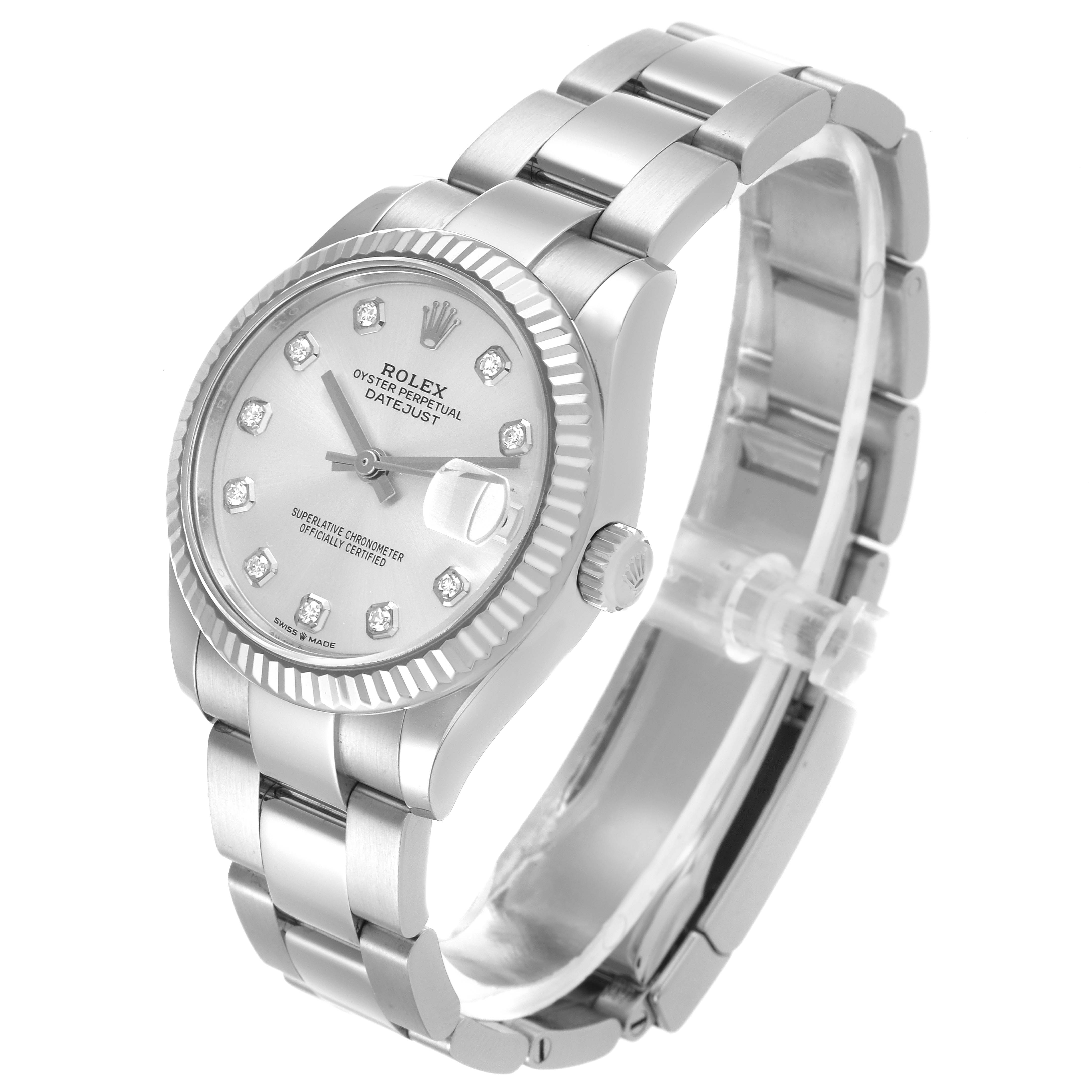 The image shows a Rolex Mid-Size 278274 Women's Stainless Steel Silver Dial 278274 Women's Stainless Steel Silver Dial Oyster Perpetual Datejust watch at a three-quarter angle, displaying the face, bezel, band, and crown.