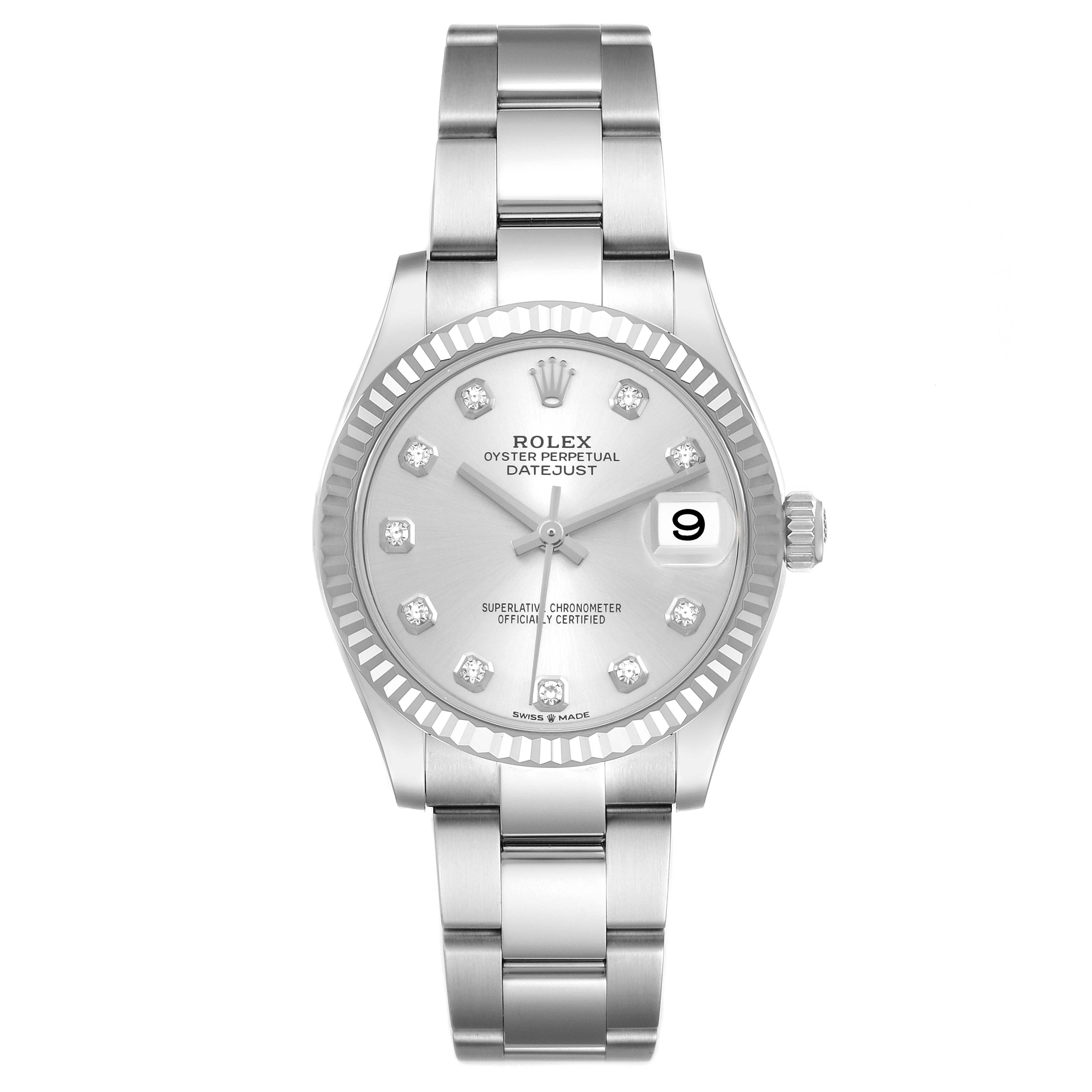 The Rolex Oyster Perpetual Datejust Mid-Size is shown from a top-down angle, displaying the face, bezel, bracelet, and crown.